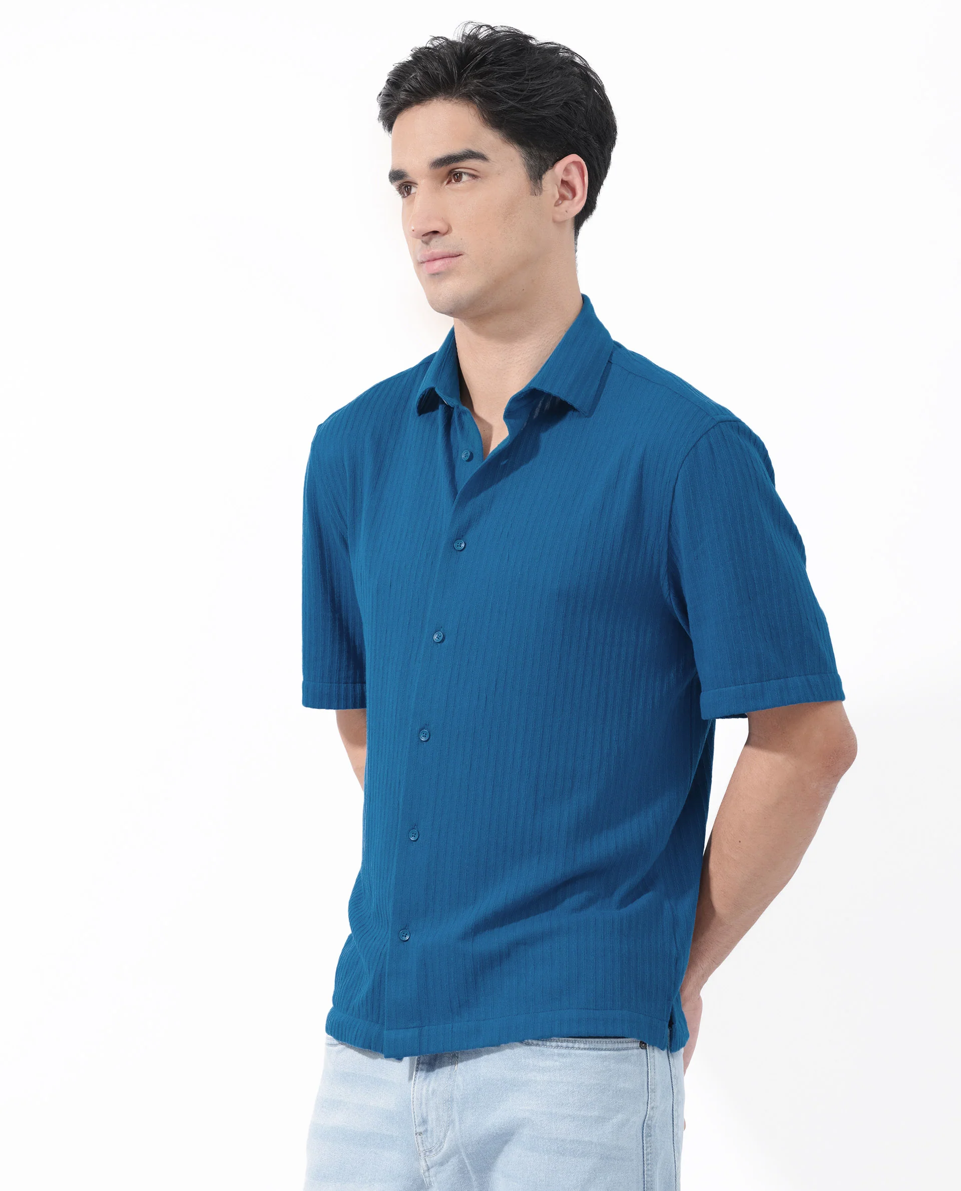 Rare Rabbit Men's Tano Blue Cotton Blend Textured Boxy Fit Half Sleeve Collared Shirt - Image 8