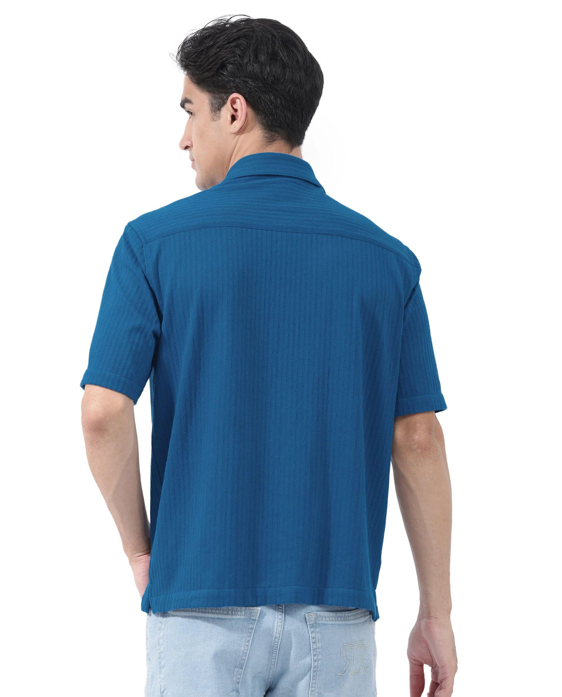 Rare Rabbit Men's Tano Blue Cotton Blend Textured Boxy Fit Half Sleeve Collared Shirt - Image 9