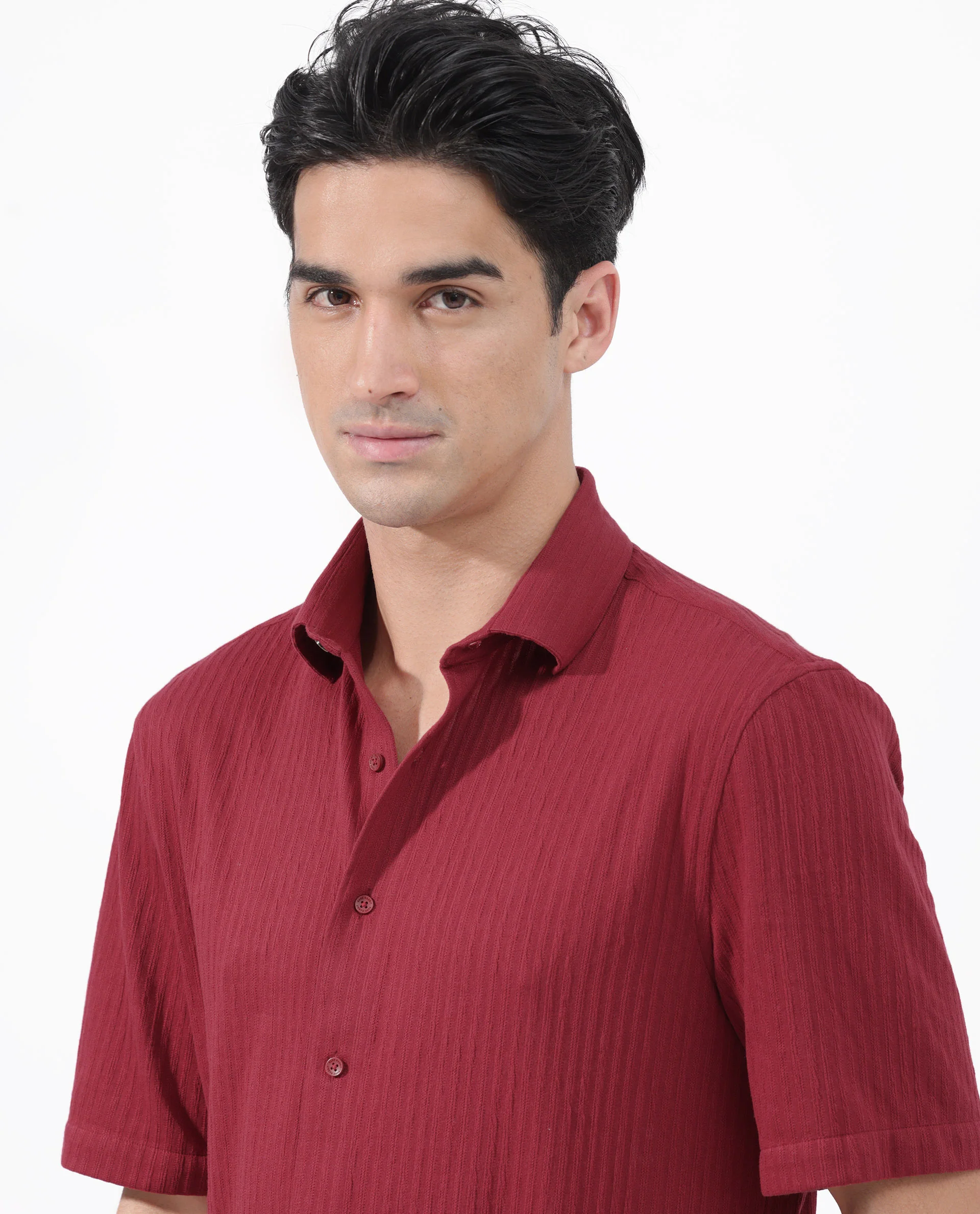 Rare Rabbit Men's Tano Red Cotton Blend Textured Boxy Fit Half Sleeve Collared Shirt - Image 10