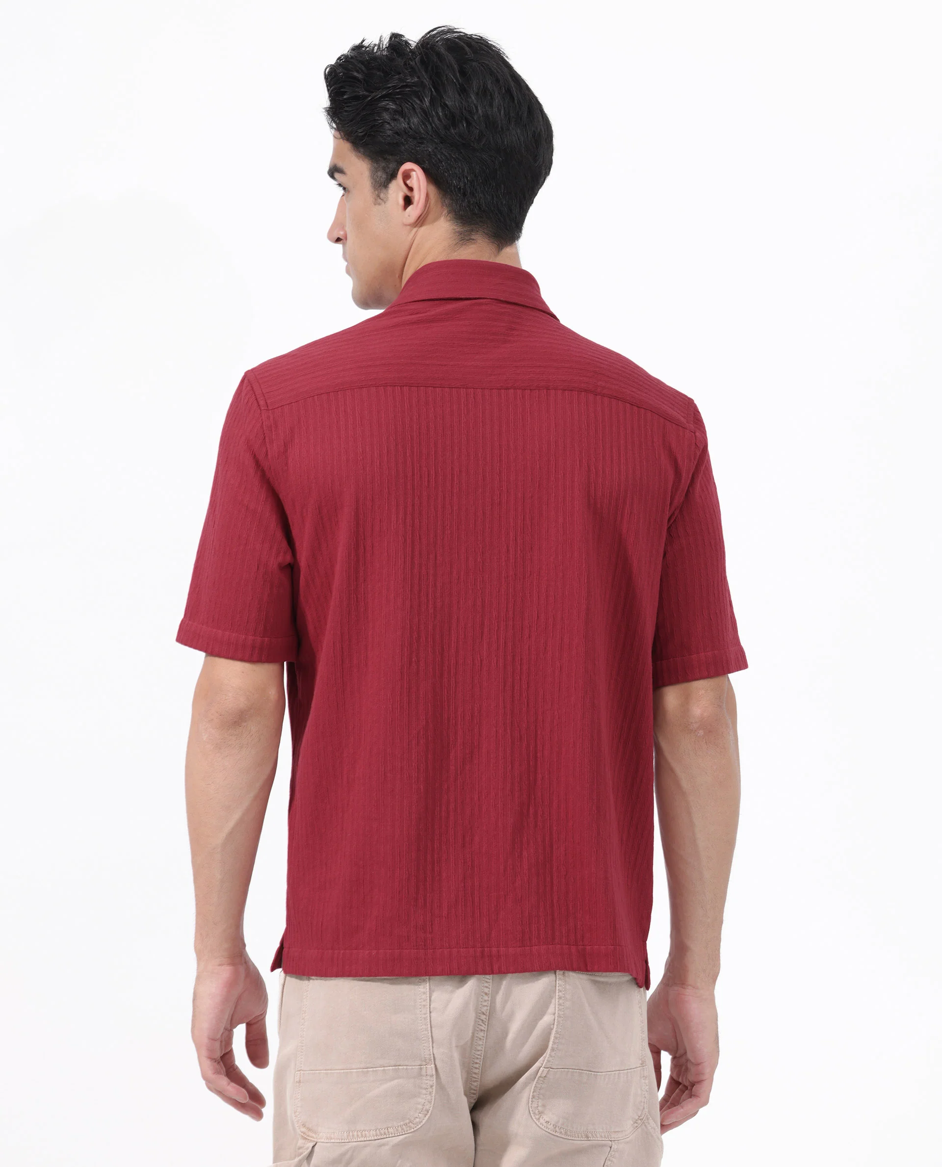 Rare Rabbit Men's Tano Red Cotton Blend Textured Boxy Fit Half Sleeve Collared Shirt - Image 11