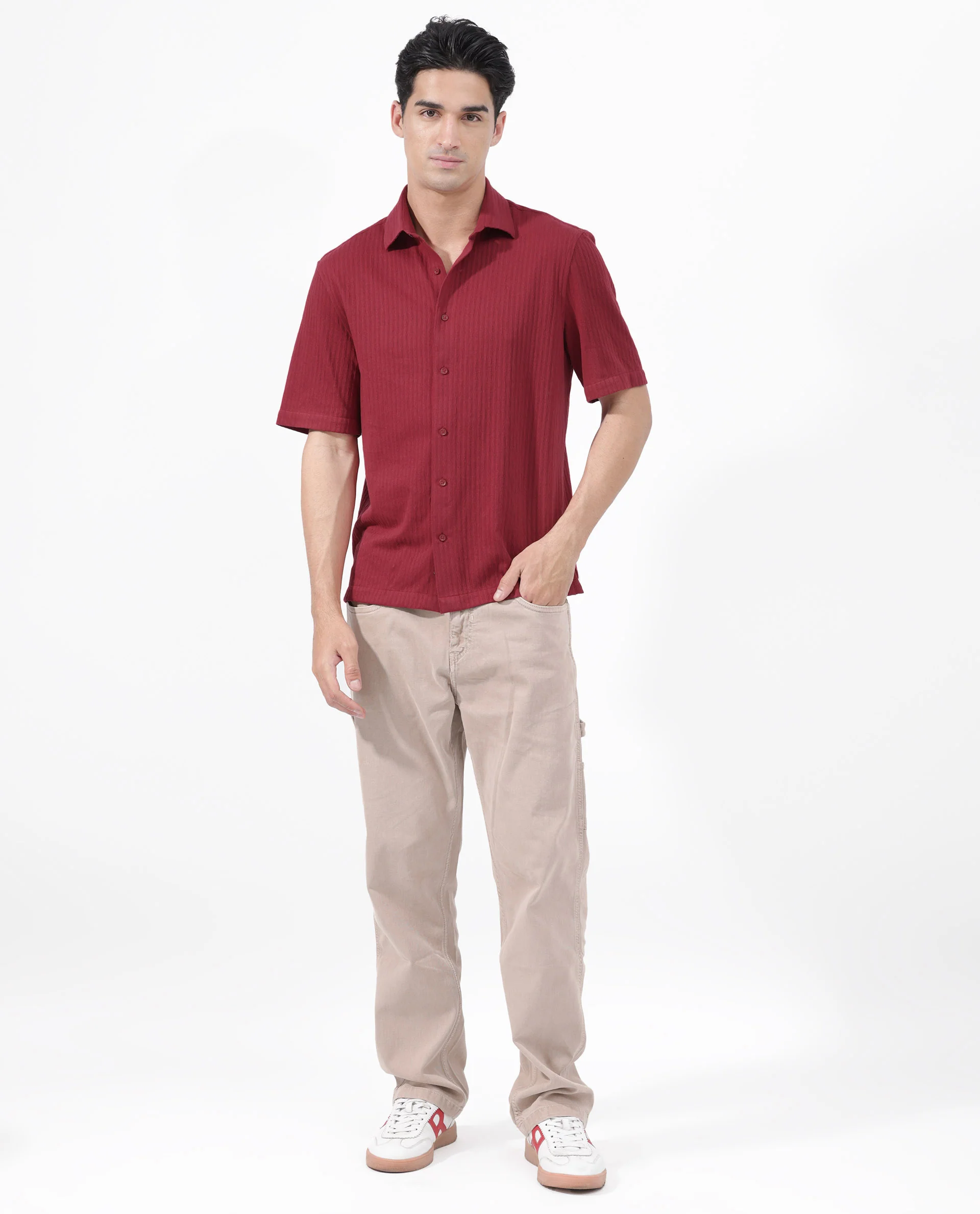 Rare Rabbit Men's Tano Red Cotton Blend Textured Boxy Fit Half Sleeve Collared Shirt - Image 3