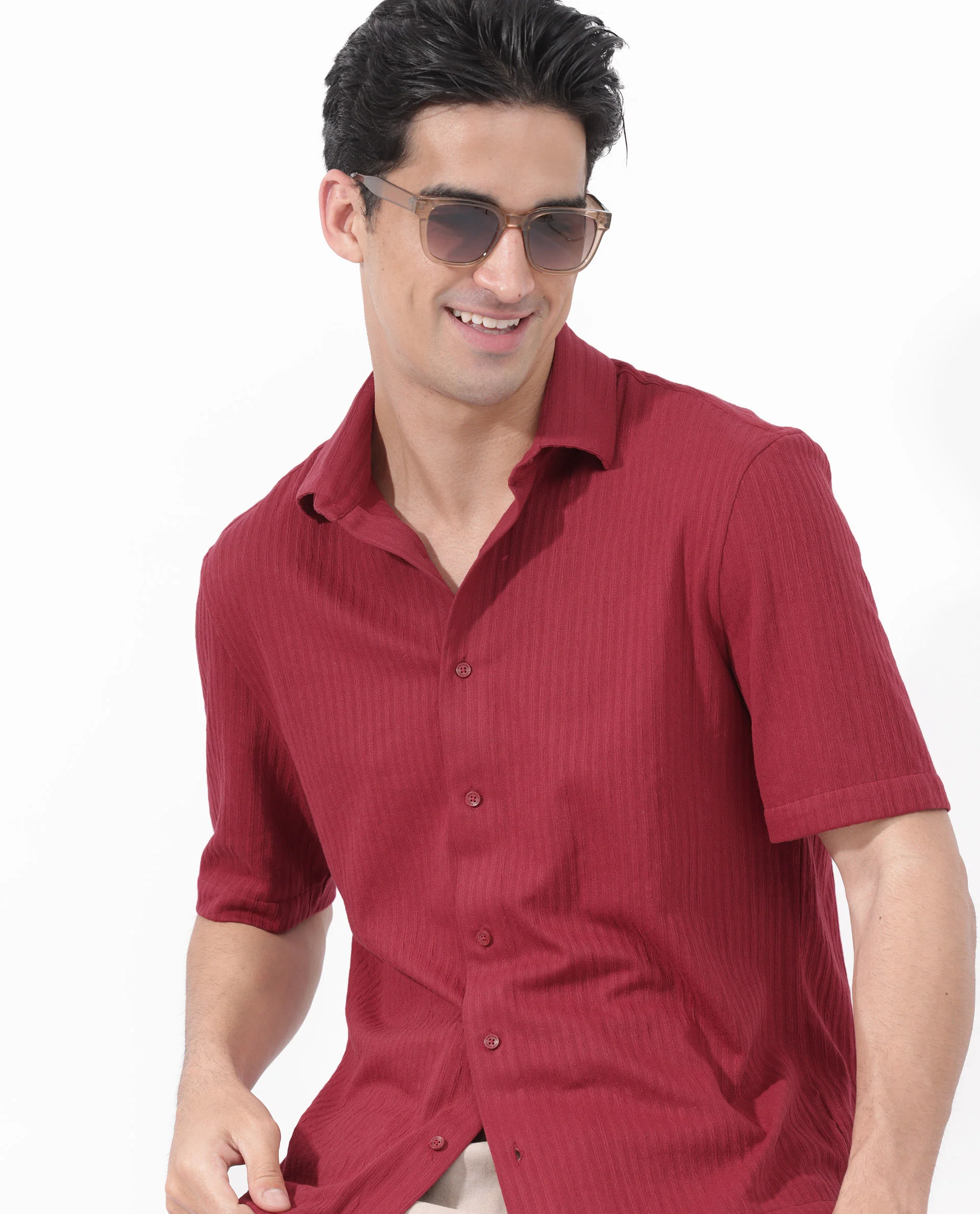 Rare Rabbit Men's Tano Red Cotton Blend Textured Boxy Fit Half Sleeve Collared Shirt - Image 4