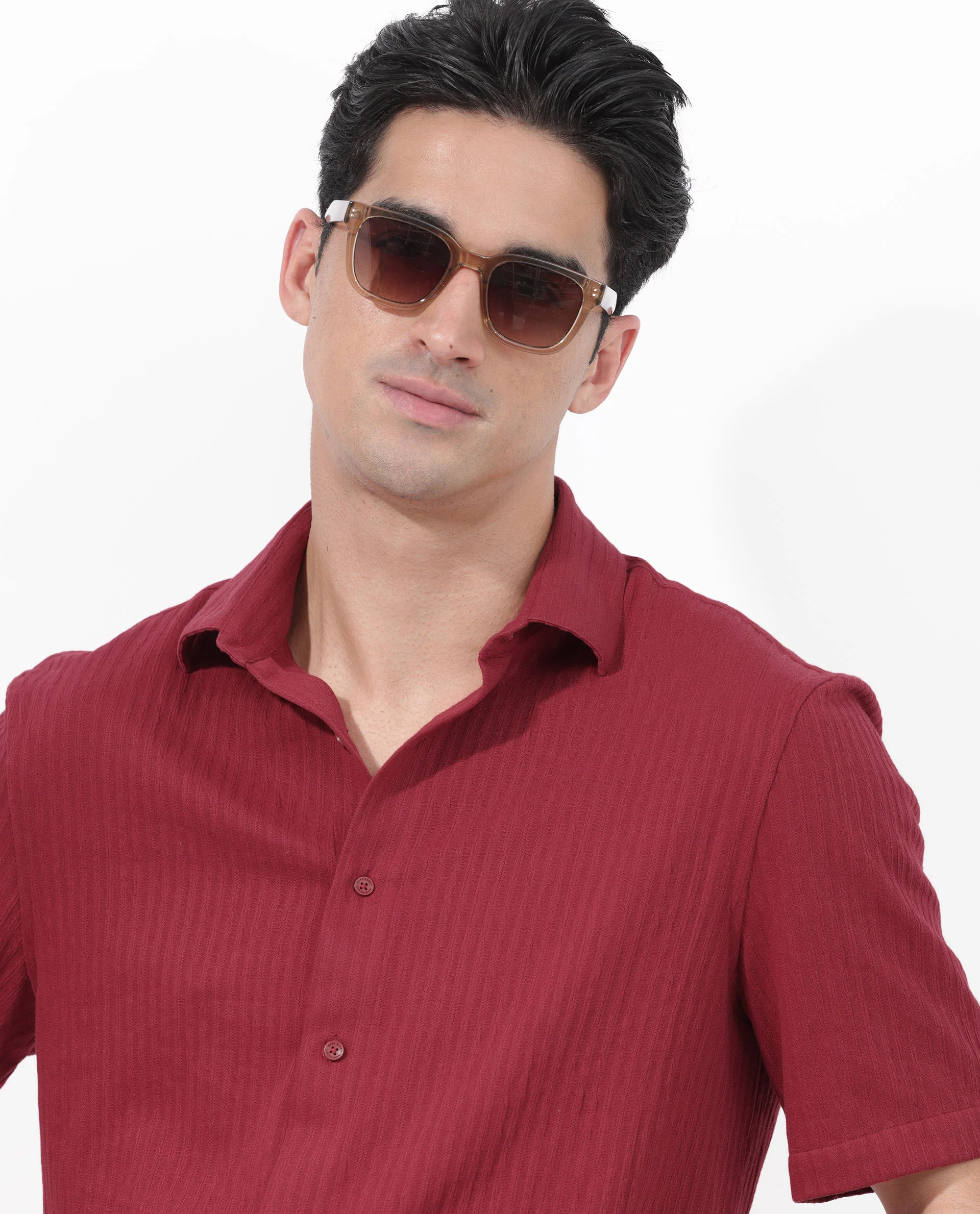 Rare Rabbit Men's Tano Red Cotton Blend Textured Boxy Fit Half Sleeve Collared Shirt - Image 5