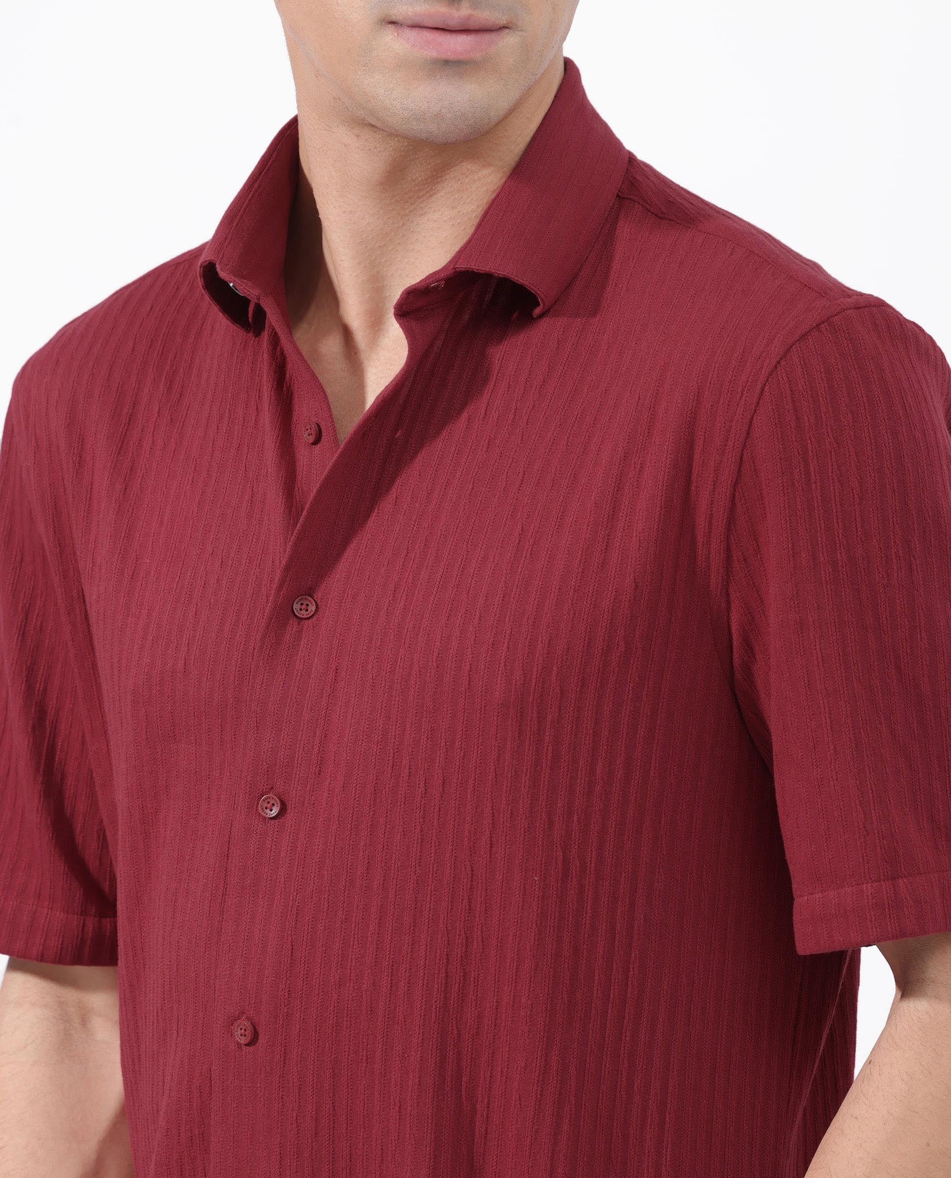 Rare Rabbit Men's Tano Red Cotton Blend Textured Boxy Fit Half Sleeve Collared Shirt - Image 6