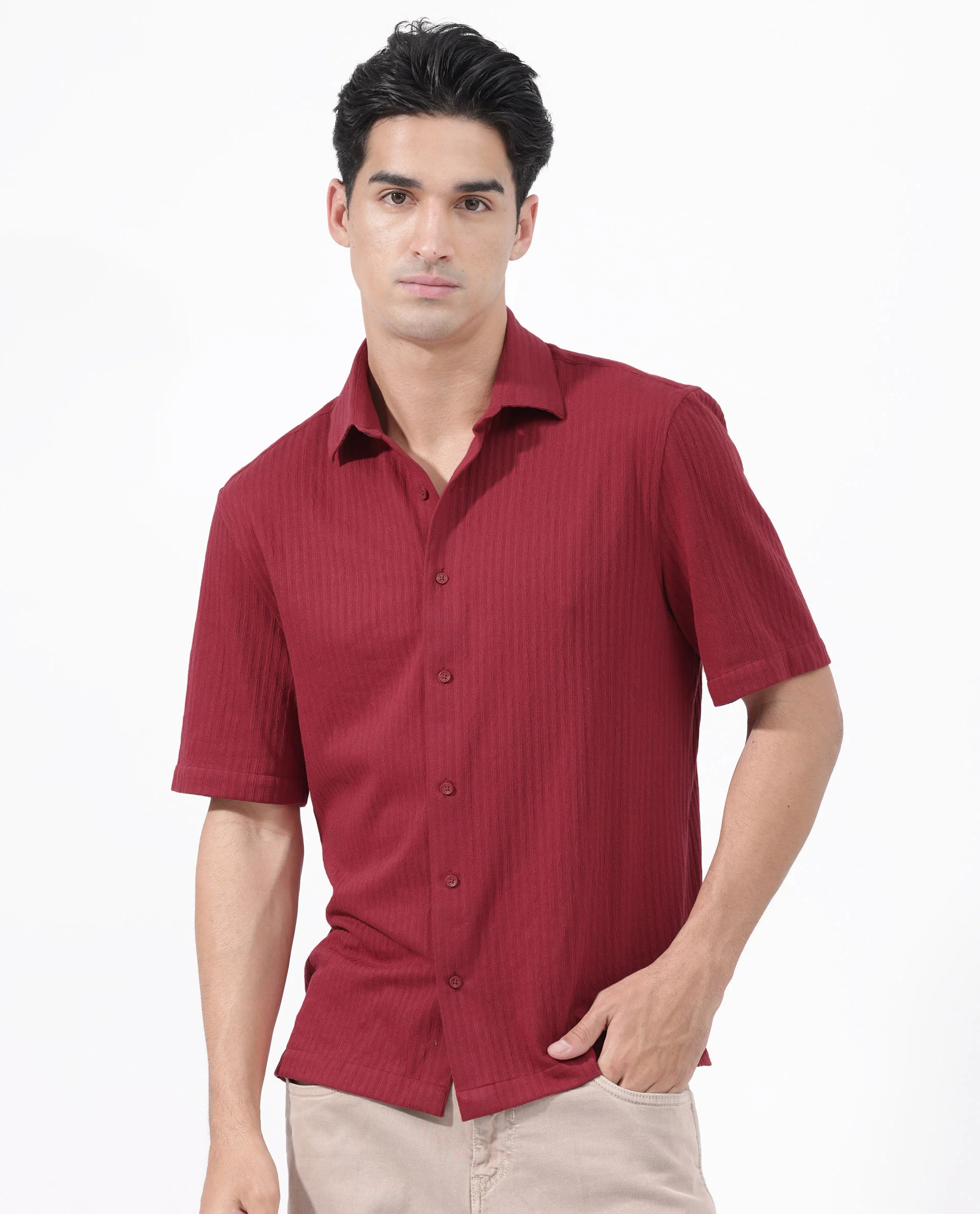 Rare Rabbit Men's Tano Red Cotton Blend Textured Boxy Fit Half Sleeve Collared Shirt - Image 7