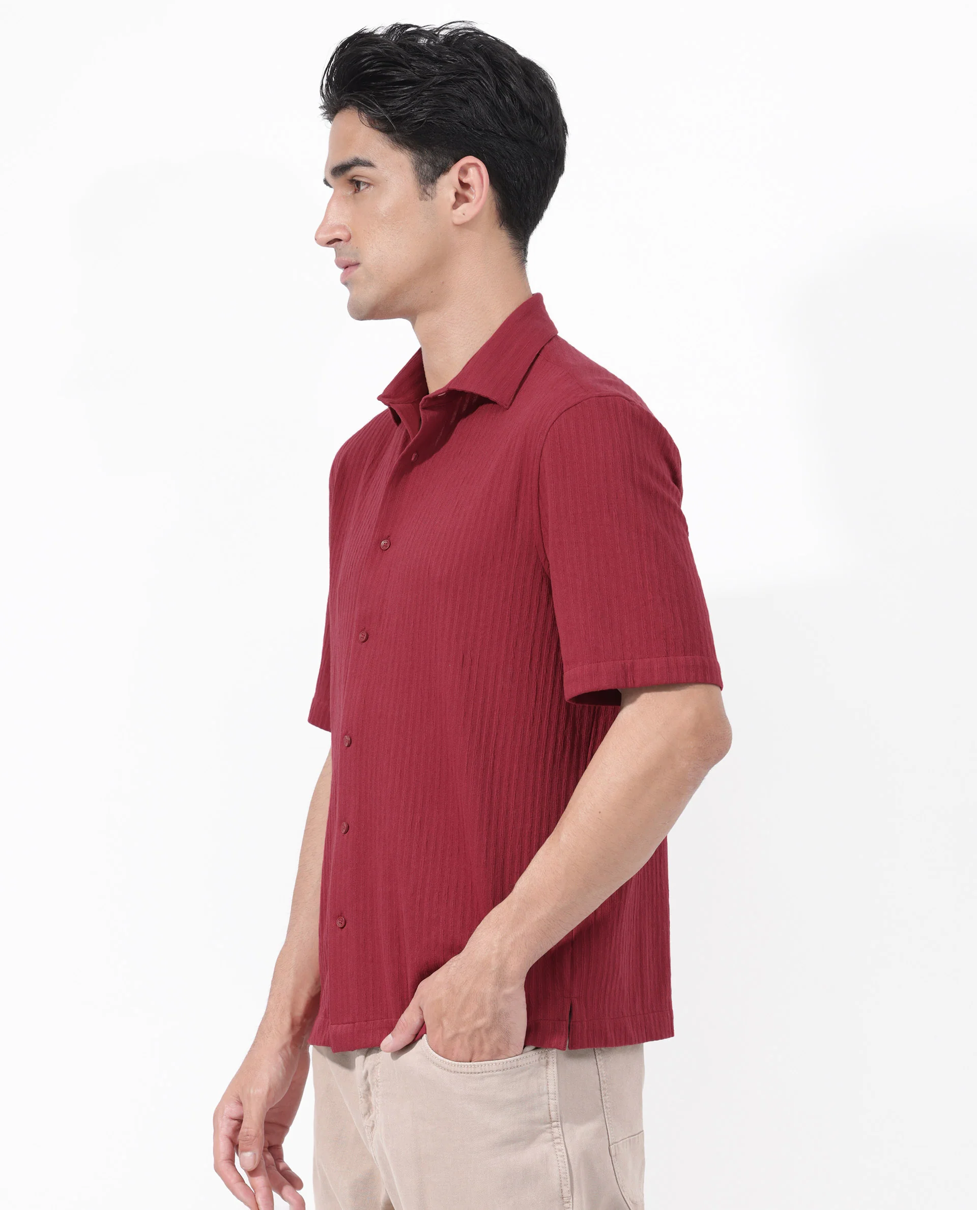 Rare Rabbit Men's Tano Red Cotton Blend Textured Boxy Fit Half Sleeve Collared Shirt - Image 8