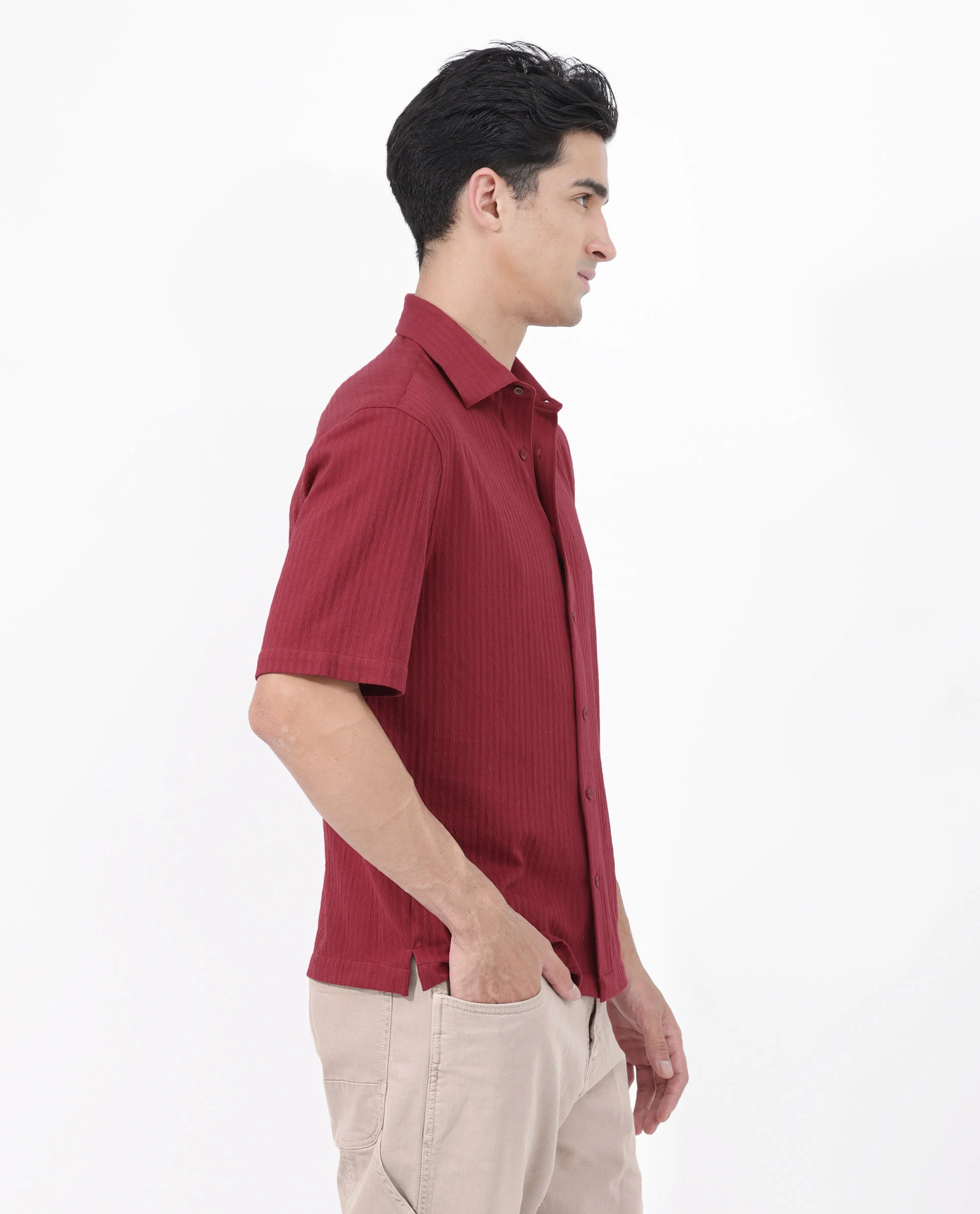 Rare Rabbit Men's Tano Red Cotton Blend Textured Boxy Fit Half Sleeve Collared Shirt - Image 9