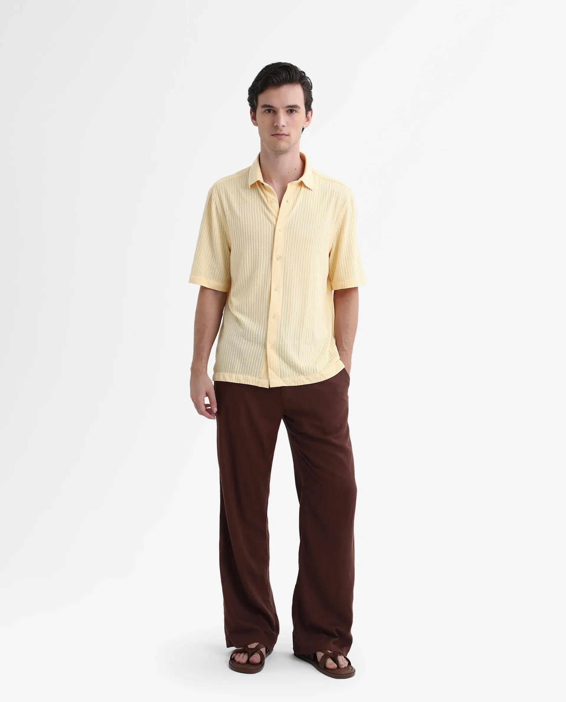 Rare Rabbit Men's Tano Yellow Cotton Blend Textured Boxy Fit Half Sleeve Collared Shirt - Image 2