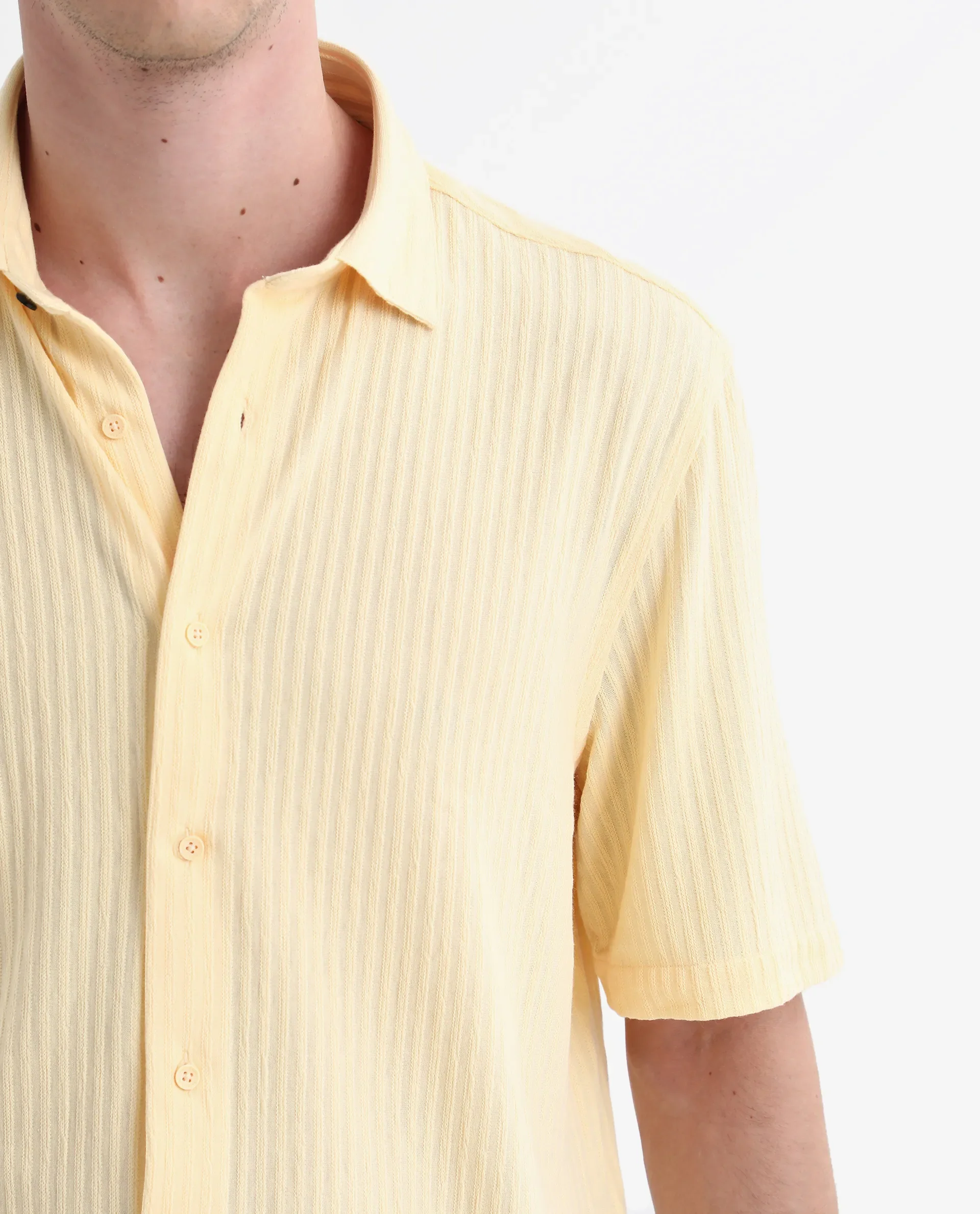 Rare Rabbit Men's Tano Yellow Cotton Blend Textured Boxy Fit Half Sleeve Collared Shirt - Image 3