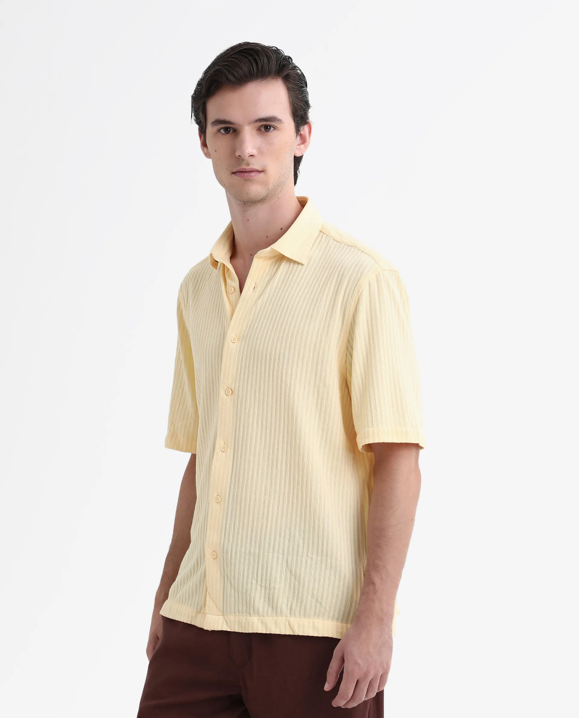 Rare Rabbit Men's Tano Yellow Cotton Blend Textured Boxy Fit Half Sleeve Collared Shirt - Image 5