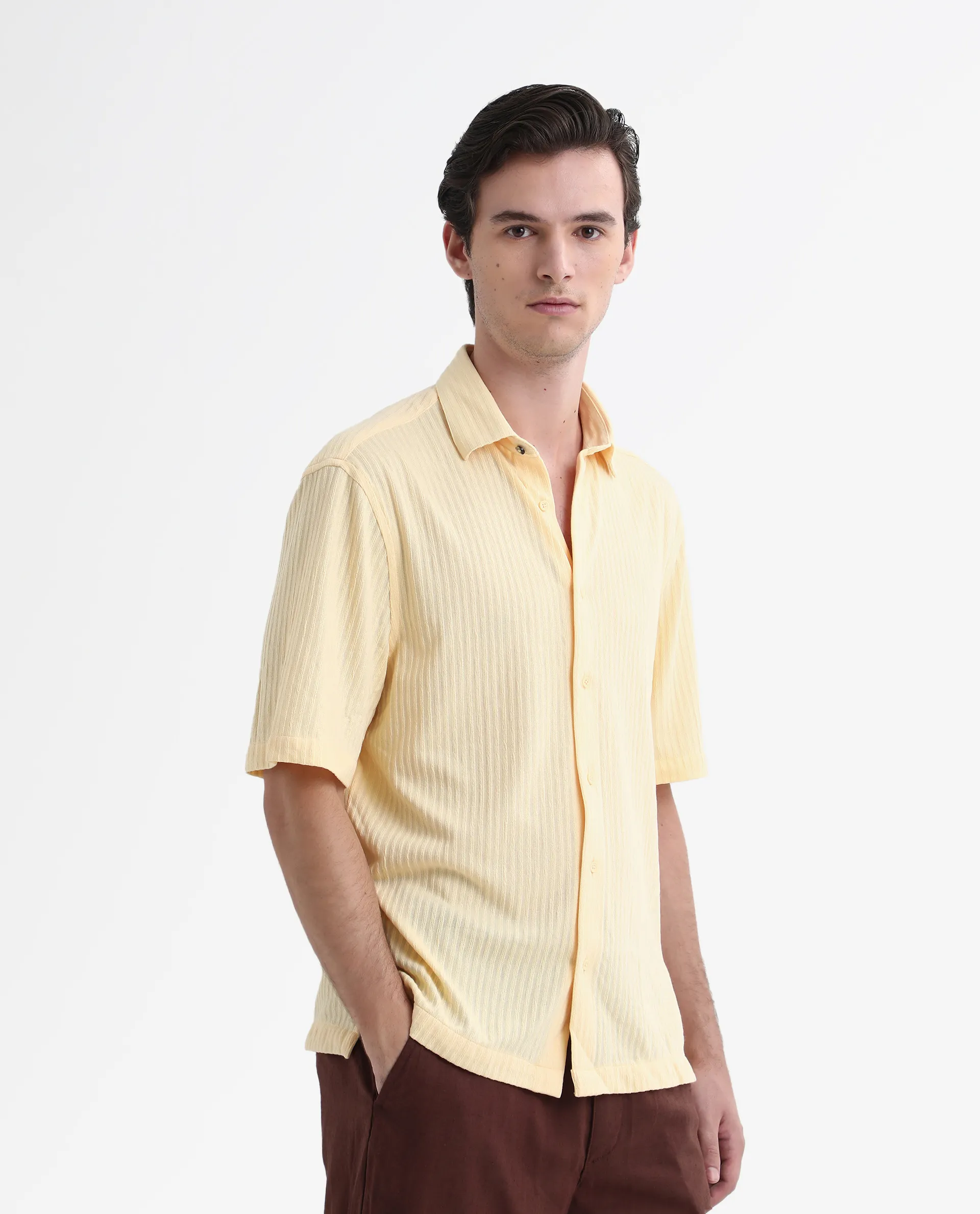 Rare Rabbit Men's Tano Yellow Cotton Blend Textured Boxy Fit Half Sleeve Collared Shirt - Image 6