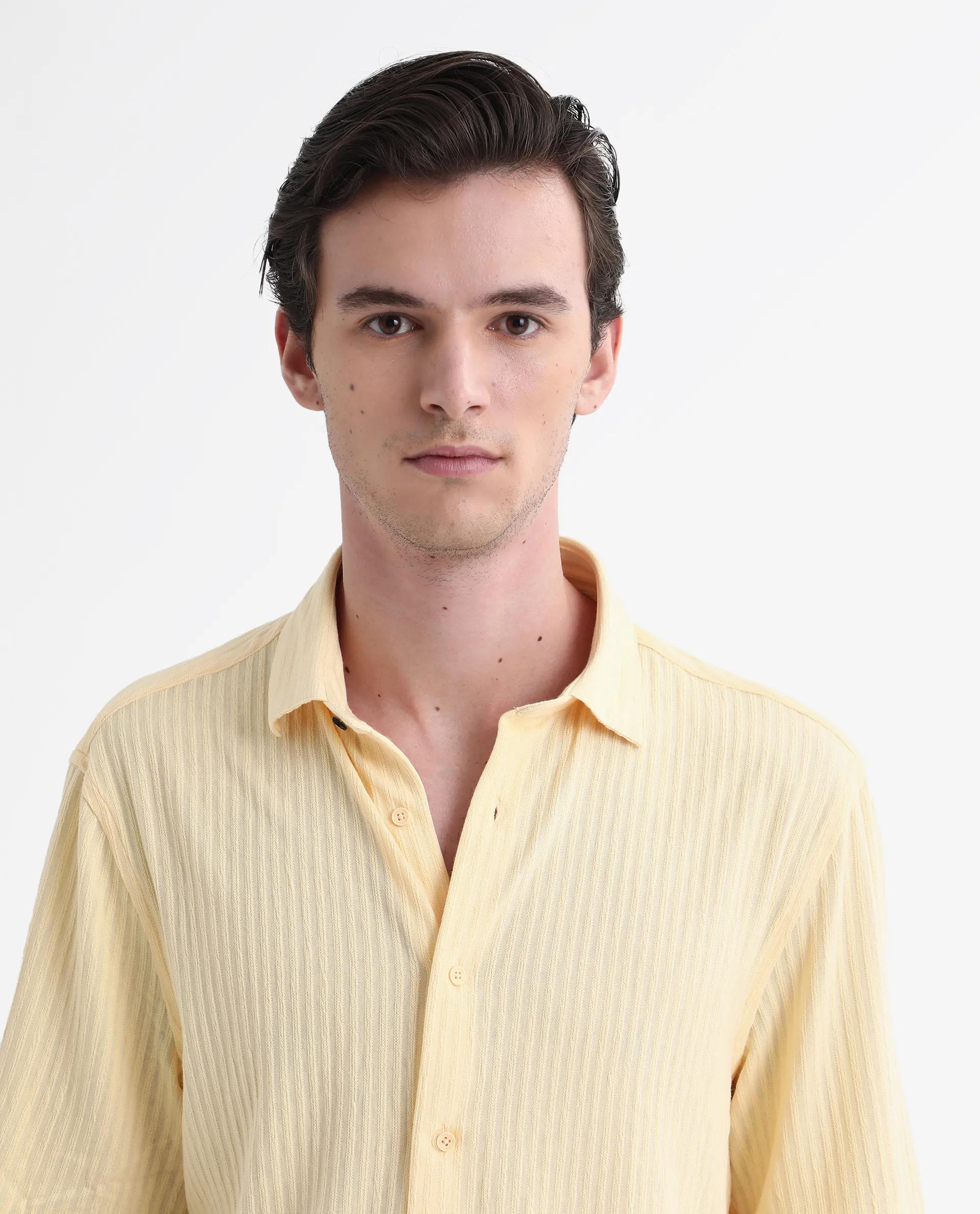 Rare Rabbit Men's Tano Yellow Cotton Blend Textured Boxy Fit Half Sleeve Collared Shirt - Image 7