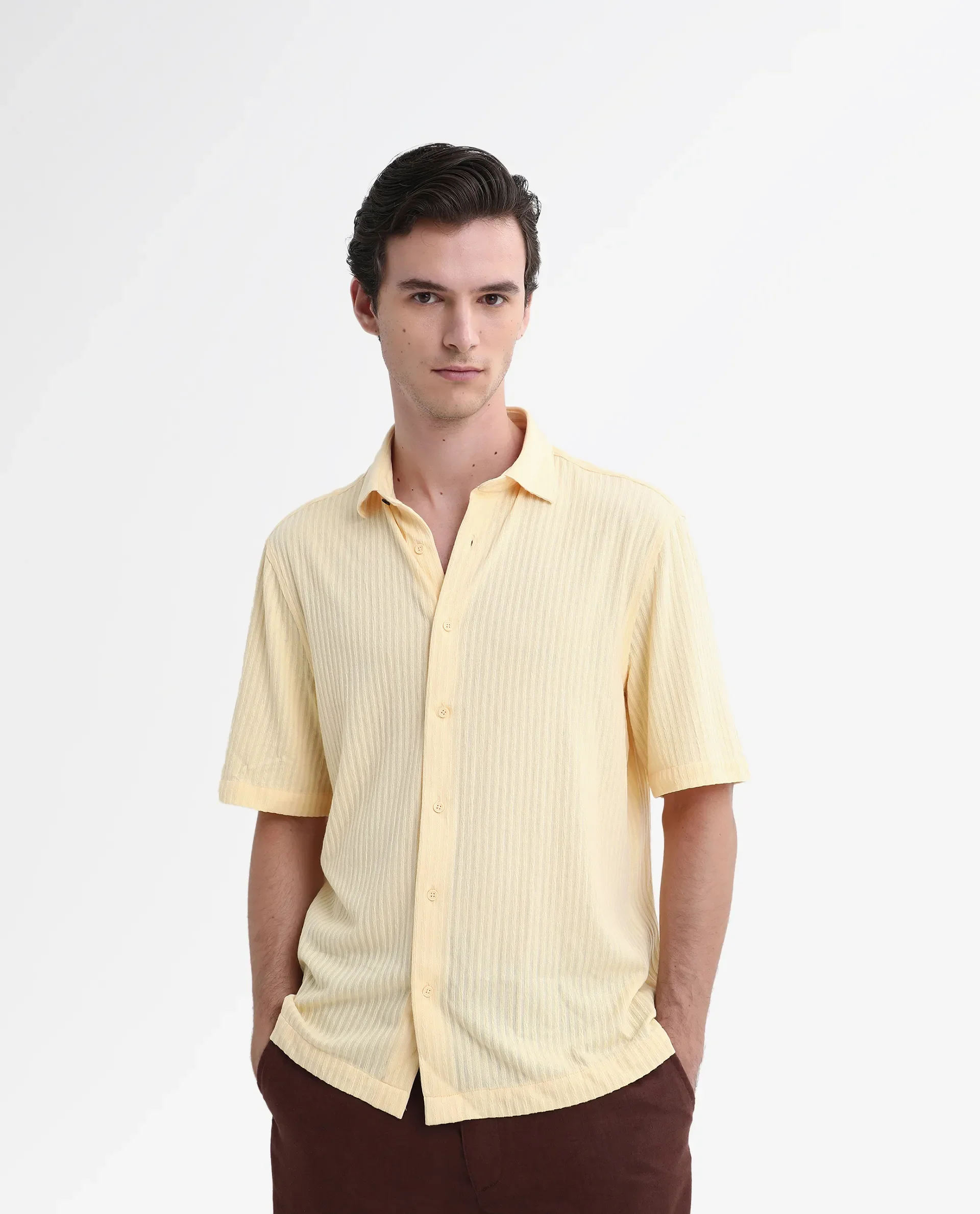 Rare Rabbit Men's Tano Yellow Cotton Blend Textured Boxy Fit Half Sleeve Collared Shirt - Image 8