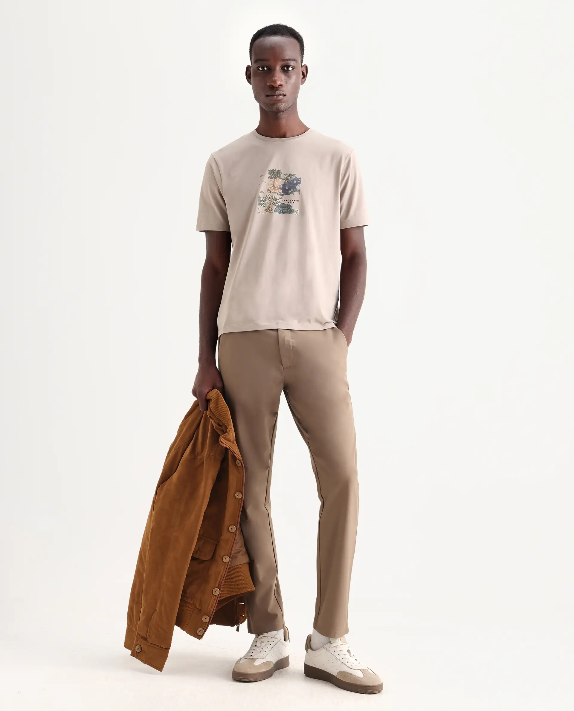 Rare Rabbit Men's Tanz Dark Beige Cotton Blend Graphic Print Regular Fit Half Sleeve Crew Neck T-Shirt - Image 2