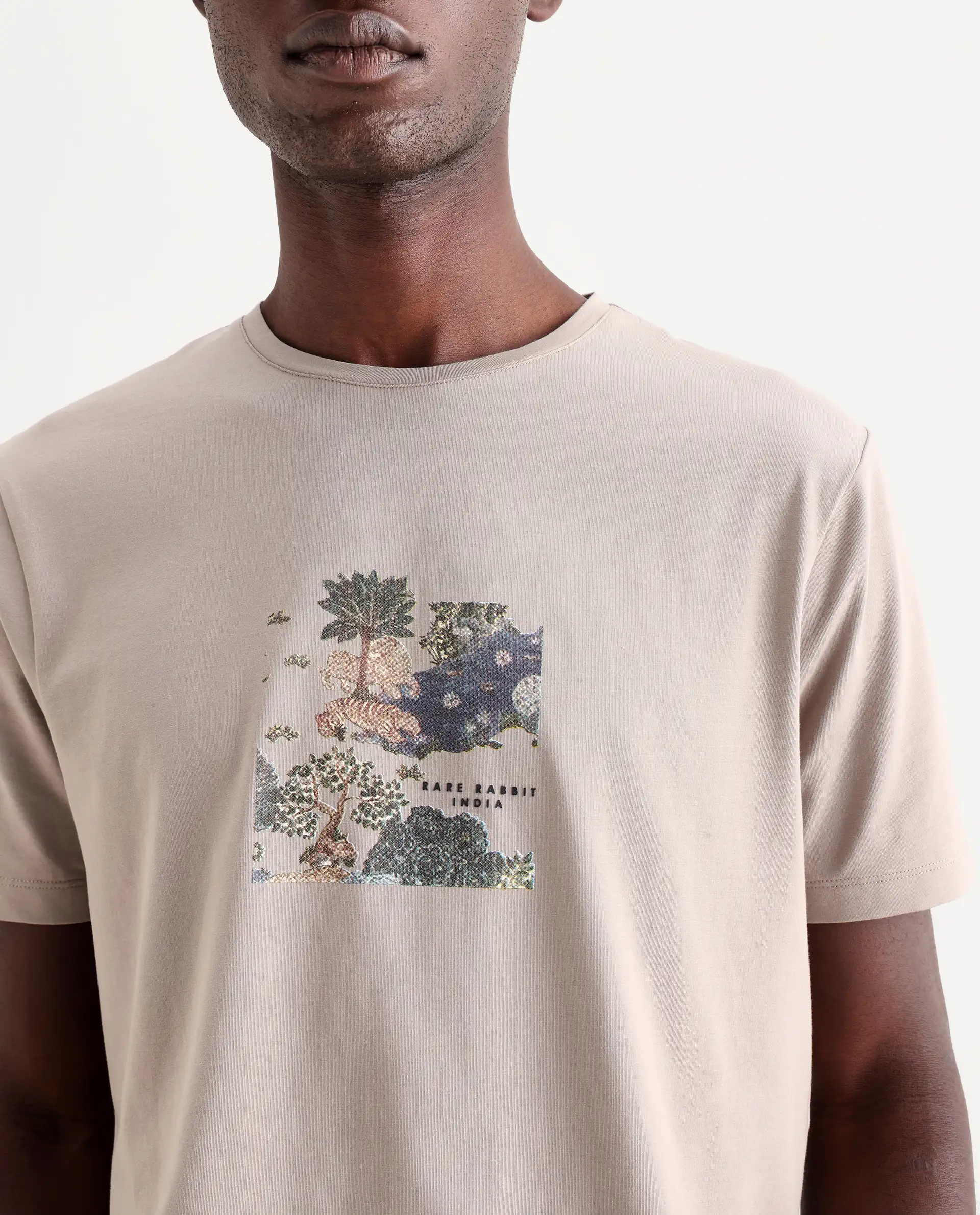 Rare Rabbit Men's Tanz Dark Beige Cotton Blend Graphic Print Regular Fit Half Sleeve Crew Neck T-Shirt - Image 3