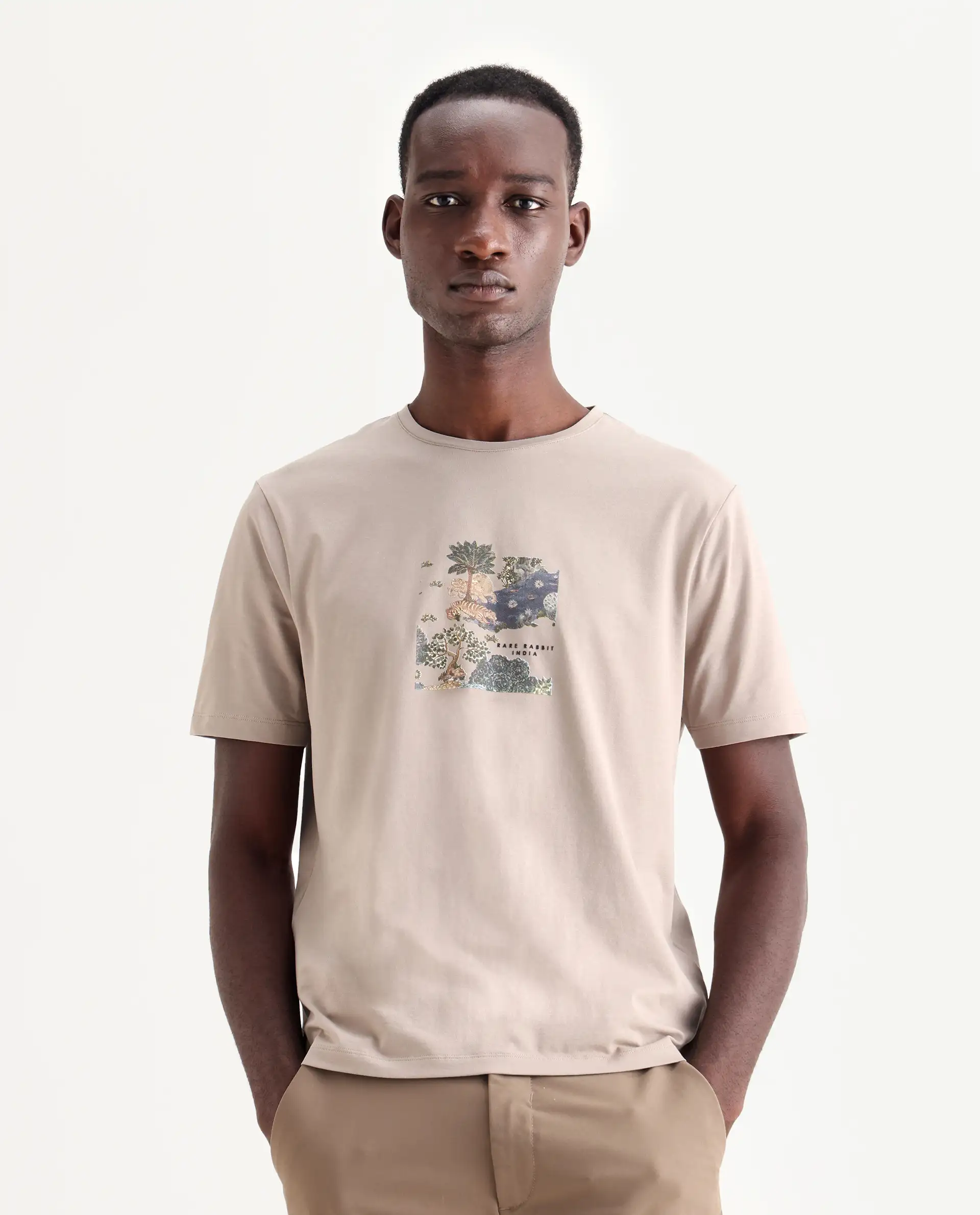 Rare Rabbit Men's Tanz Dark Beige Cotton Blend Graphic Print Regular Fit Half Sleeve Crew Neck T-Shirt - Image 4