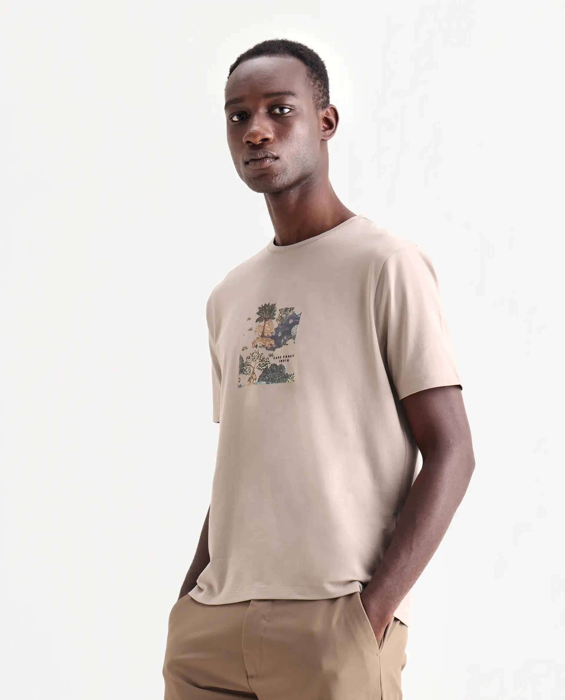 Rare Rabbit Men's Tanz Dark Beige Cotton Blend Graphic Print Regular Fit Half Sleeve Crew Neck T-Shirt - Image 5