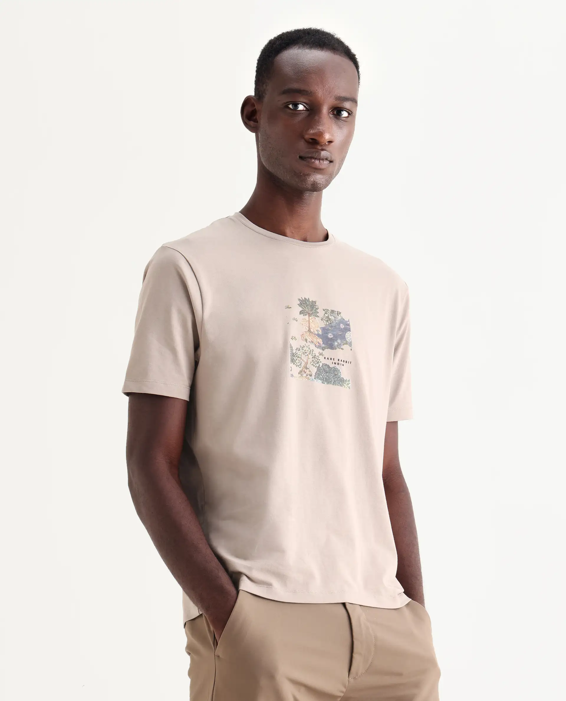Rare Rabbit Men's Tanz Dark Beige Cotton Blend Graphic Print Regular Fit Half Sleeve Crew Neck T-Shirt - Image 6