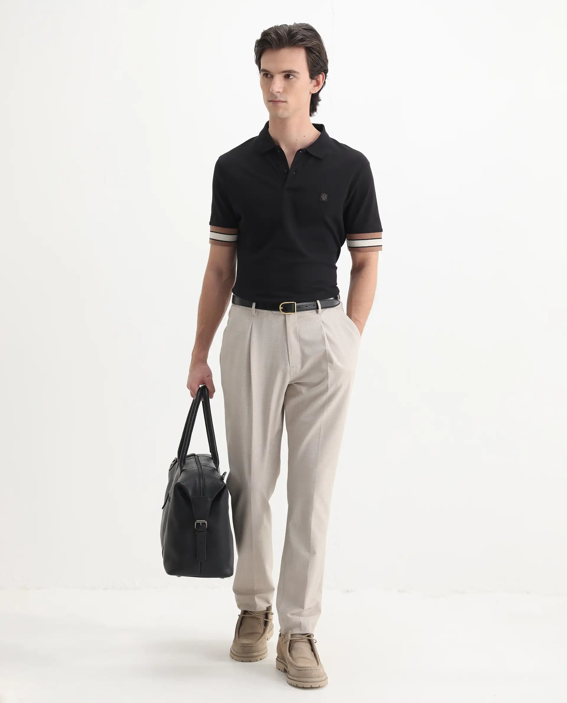 Rare Rabbit Men's Tao Black Cotton Plain Regular Fit Half Sleeve Polo - Image 2