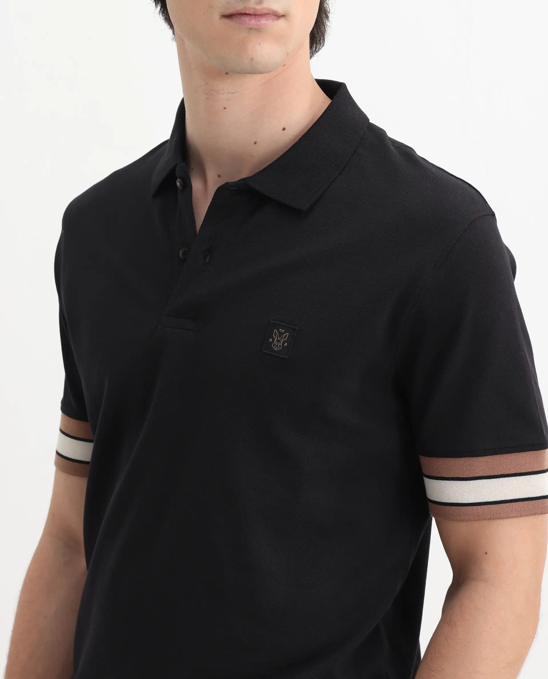 Rare Rabbit Men's Tao Black Cotton Plain Regular Fit Half Sleeve Polo - Image 3
