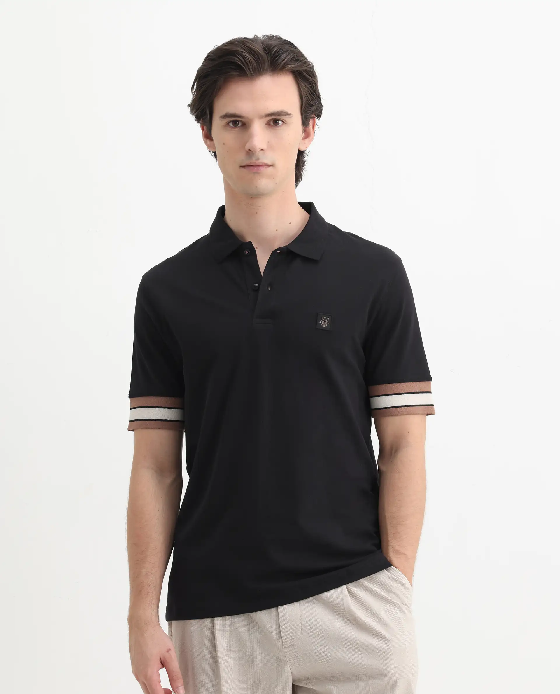 Rare Rabbit Men's Tao Black Cotton Plain Regular Fit Half Sleeve Polo - Image 4