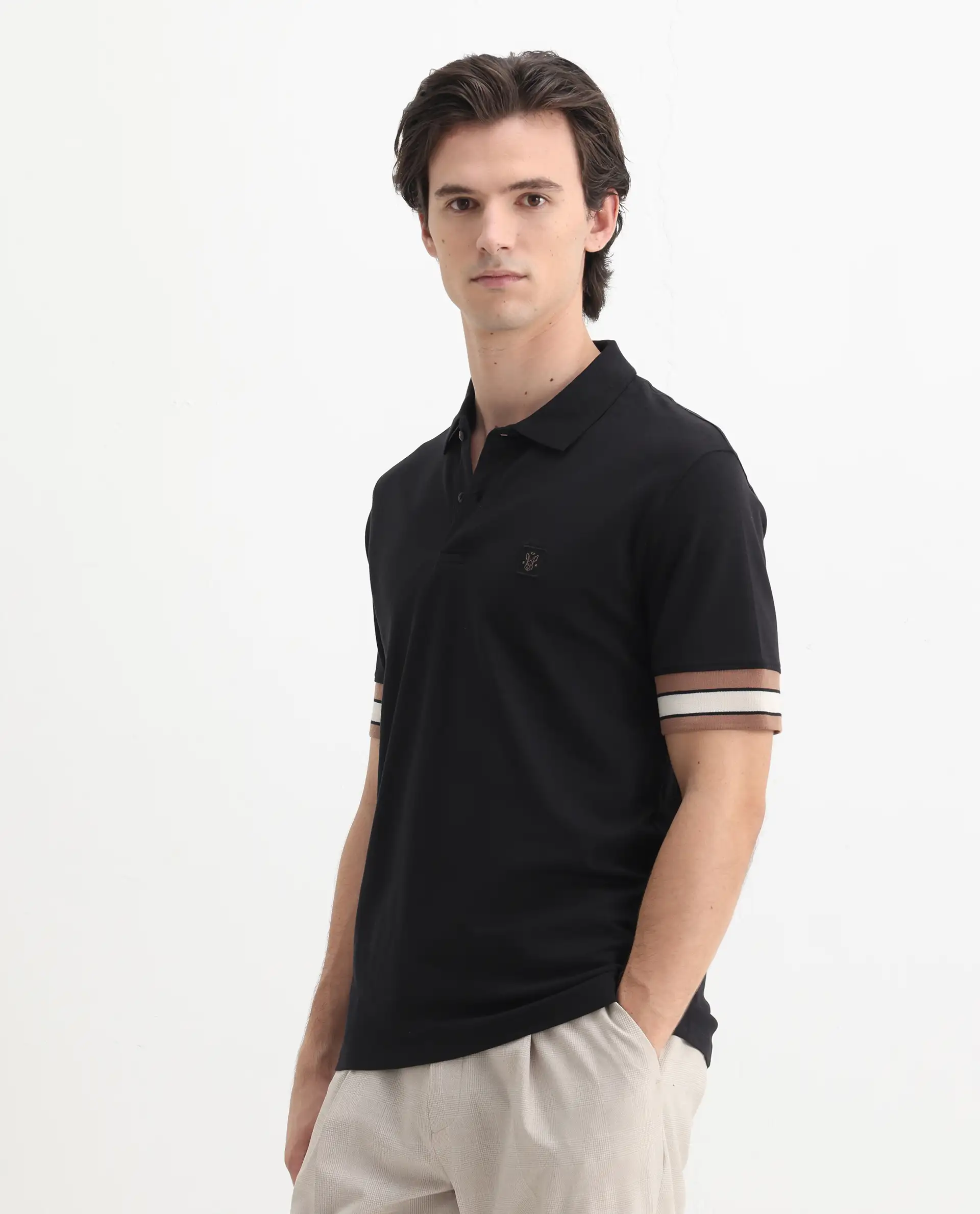 Rare Rabbit Men's Tao Black Cotton Plain Regular Fit Half Sleeve Polo - Image 5