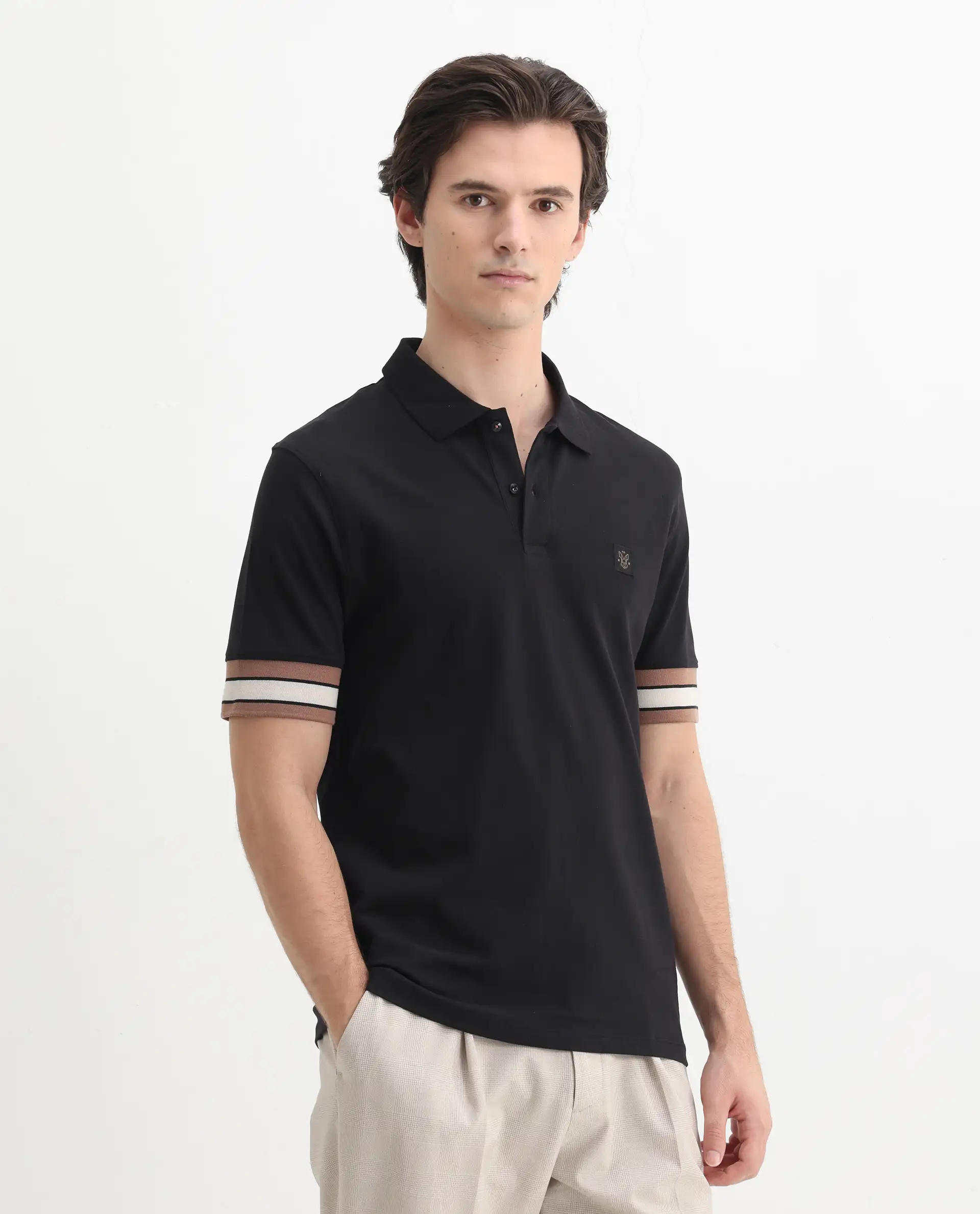 Rare Rabbit Men's Tao Black Cotton Plain Regular Fit Half Sleeve Polo - Image 6