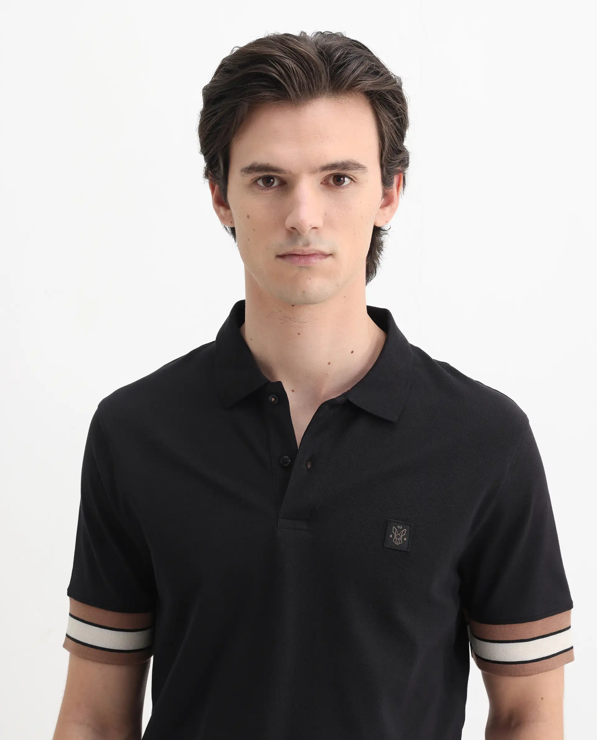 Rare Rabbit Men's Tao Black Cotton Plain Regular Fit Half Sleeve Polo - Image 7
