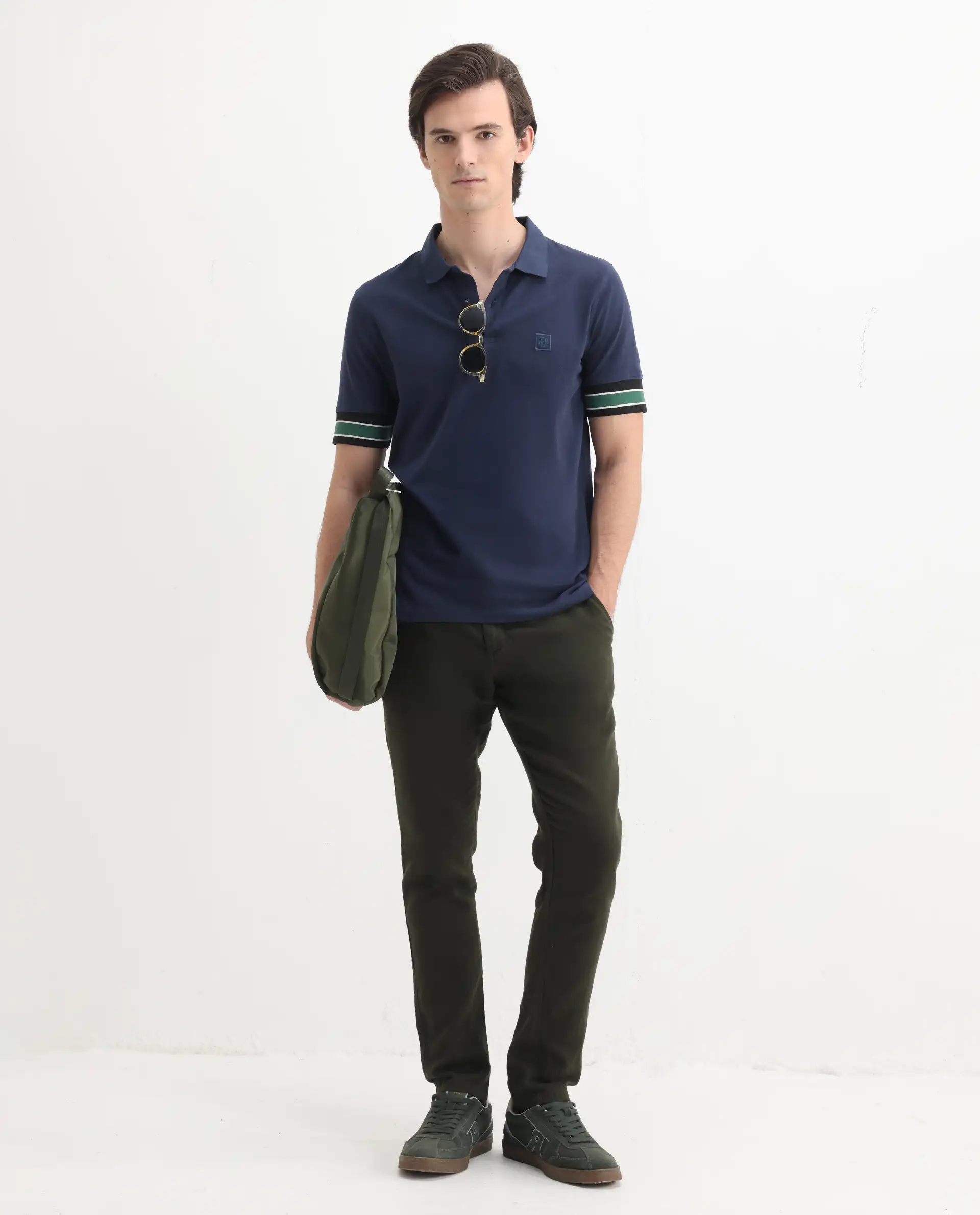 Rare Rabbit Men's Tao Dark Blue Cotton Plain Regular Fit Half Sleeve Polo - Image 2