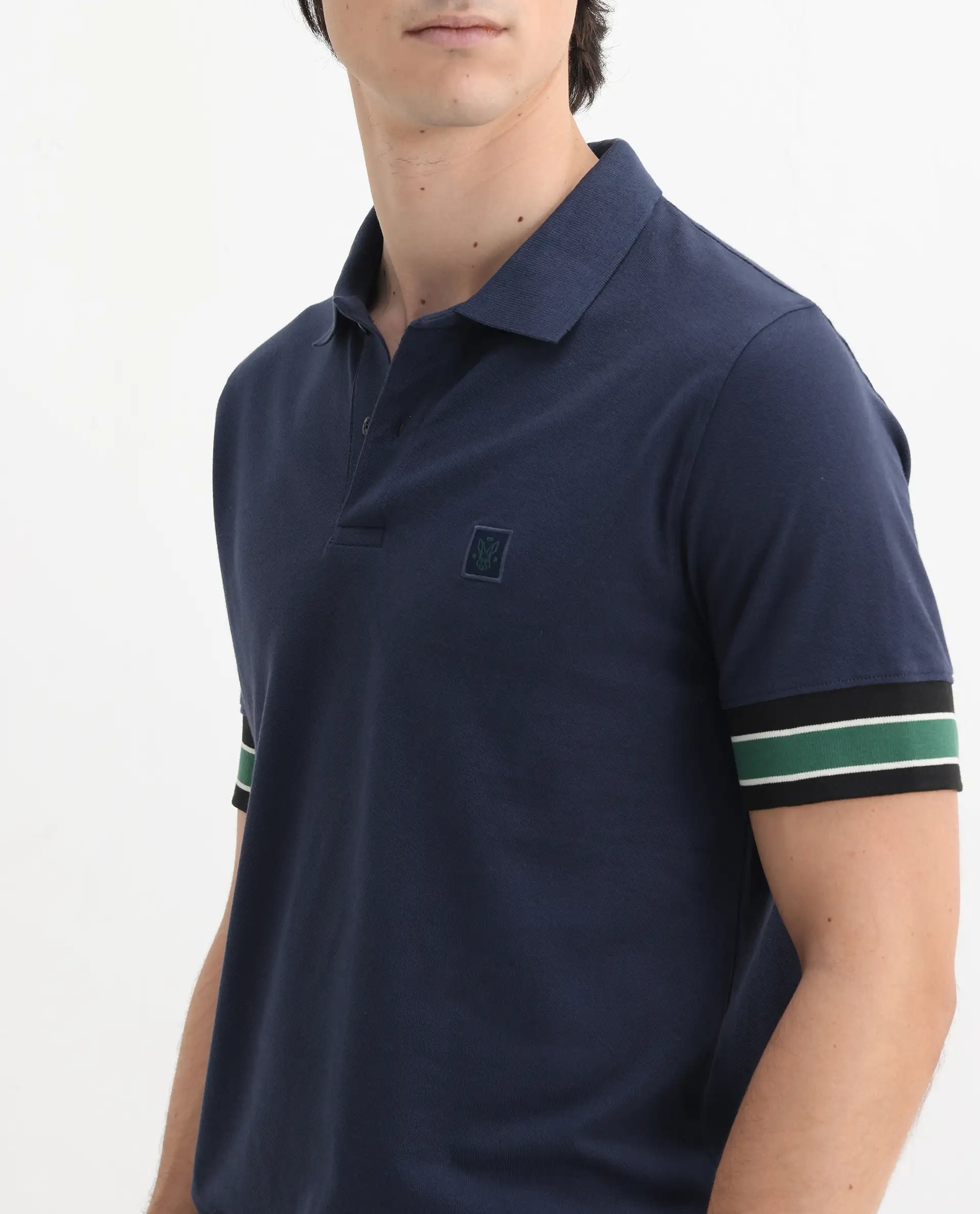 Rare Rabbit Men's Tao Dark Blue Cotton Plain Regular Fit Half Sleeve Polo - Image 3