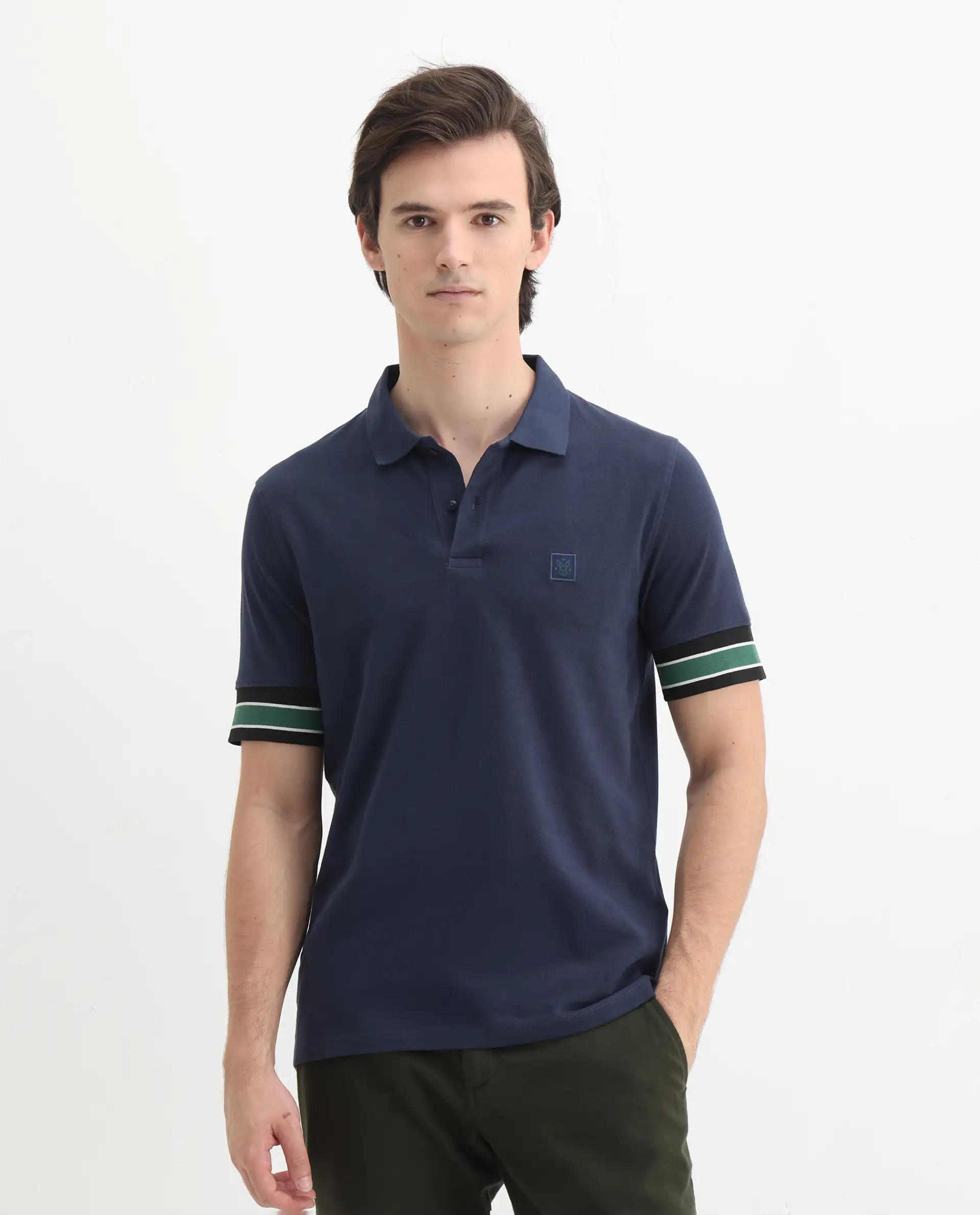 Rare Rabbit Men's Tao Dark Blue Cotton Plain Regular Fit Half Sleeve Polo - Image 4