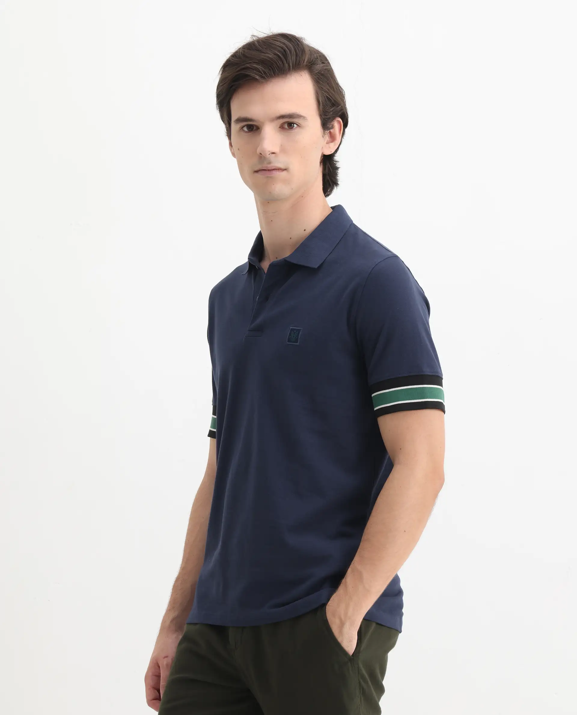 Rare Rabbit Men's Tao Dark Blue Cotton Plain Regular Fit Half Sleeve Polo - Image 5