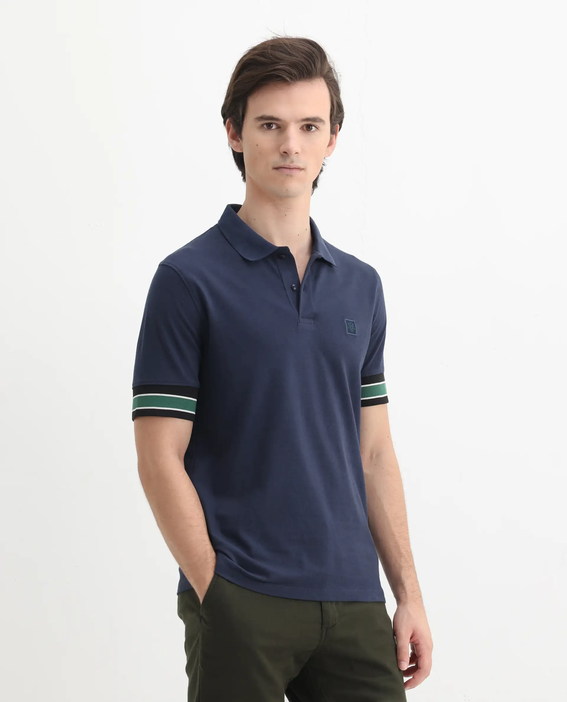 Rare Rabbit Men's Tao Dark Blue Cotton Plain Regular Fit Half Sleeve Polo - Image 6