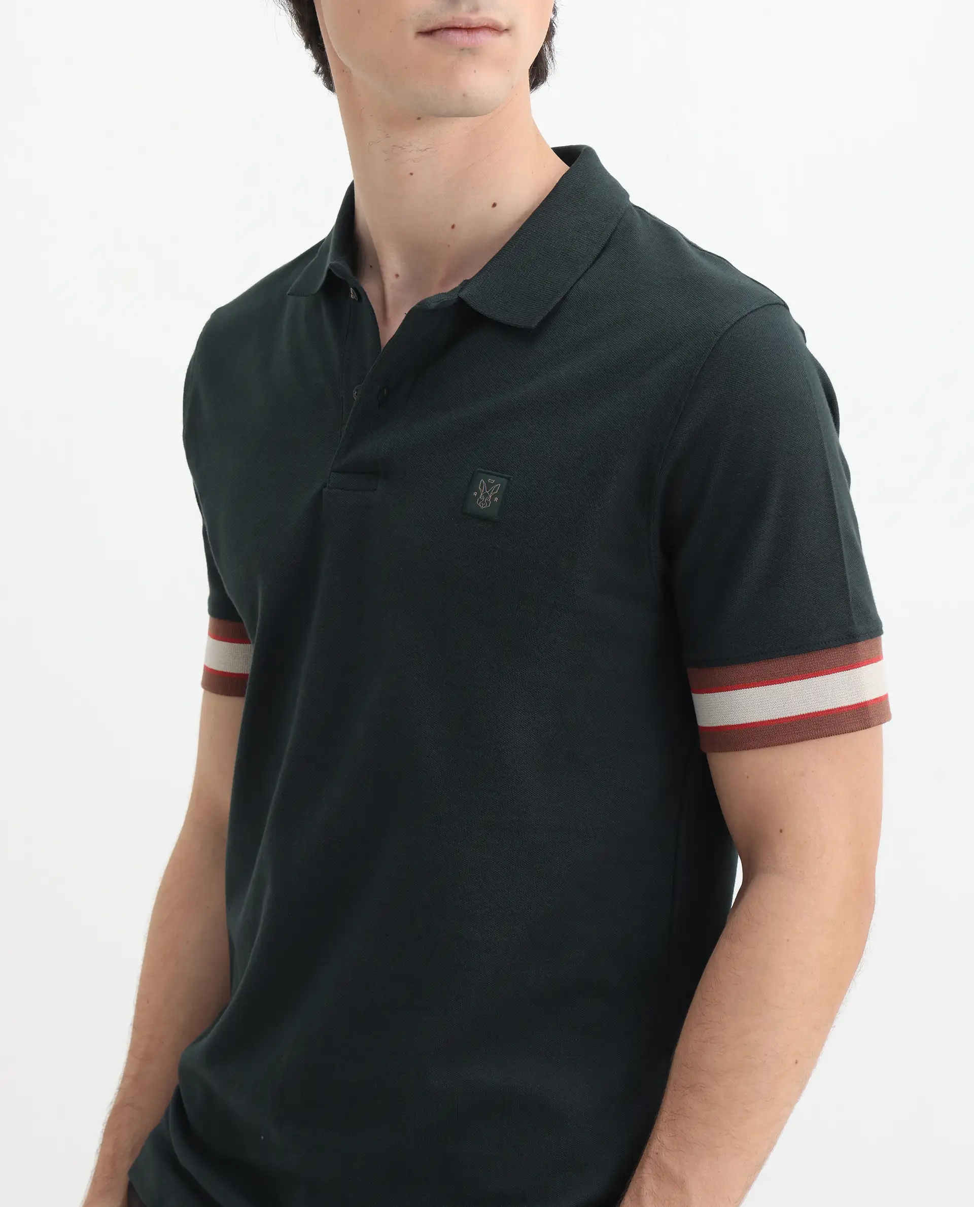 Rare Rabbit Men's Tao Green Cotton Plain Regular Fit Half Sleeve Polo - Image 3