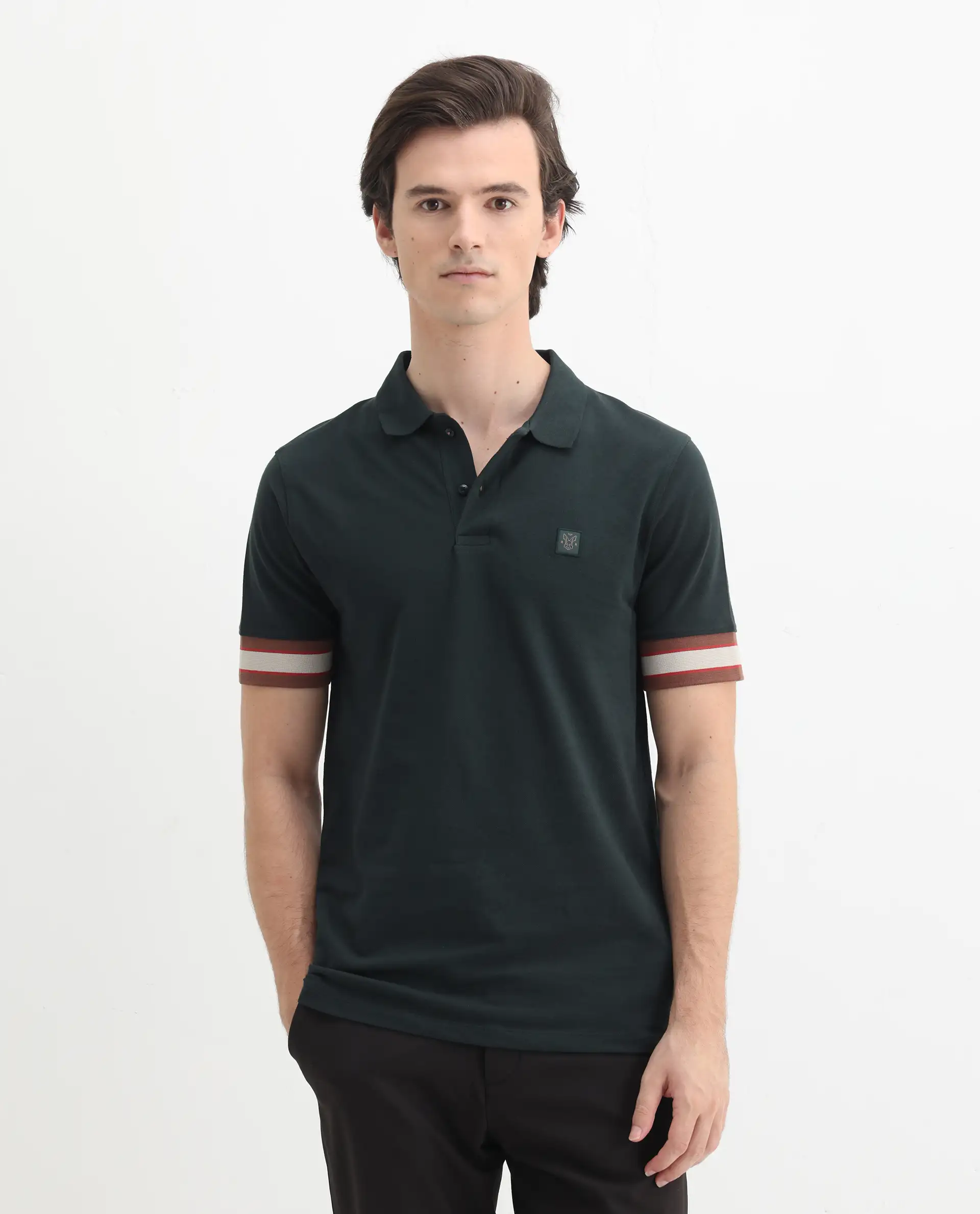 Rare Rabbit Men's Tao Green Cotton Plain Regular Fit Half Sleeve Polo - Image 4
