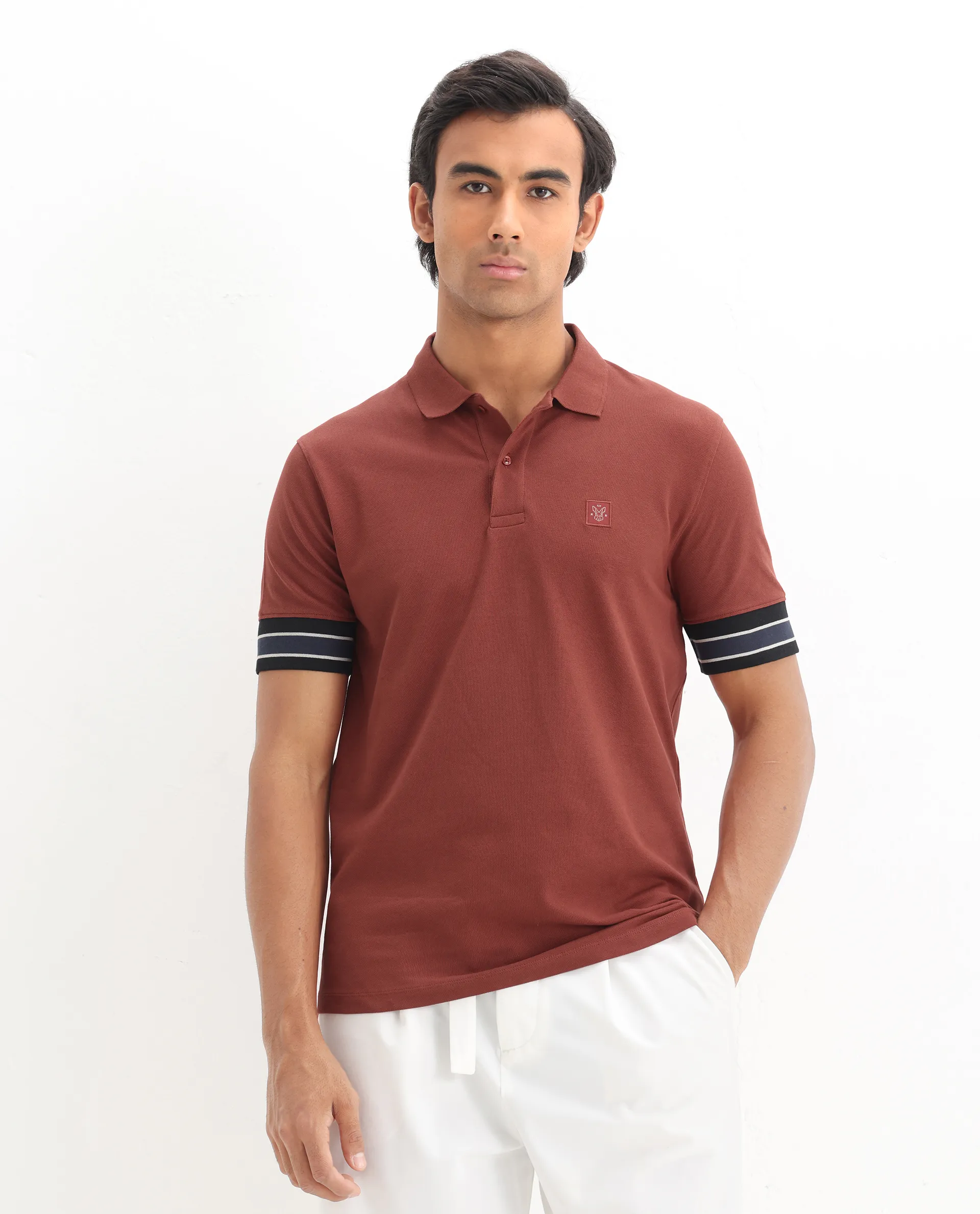 Rare Rabbit Men's Tao Red Cotton Plain Regular Fit Half Sleeve Polo - Image 3