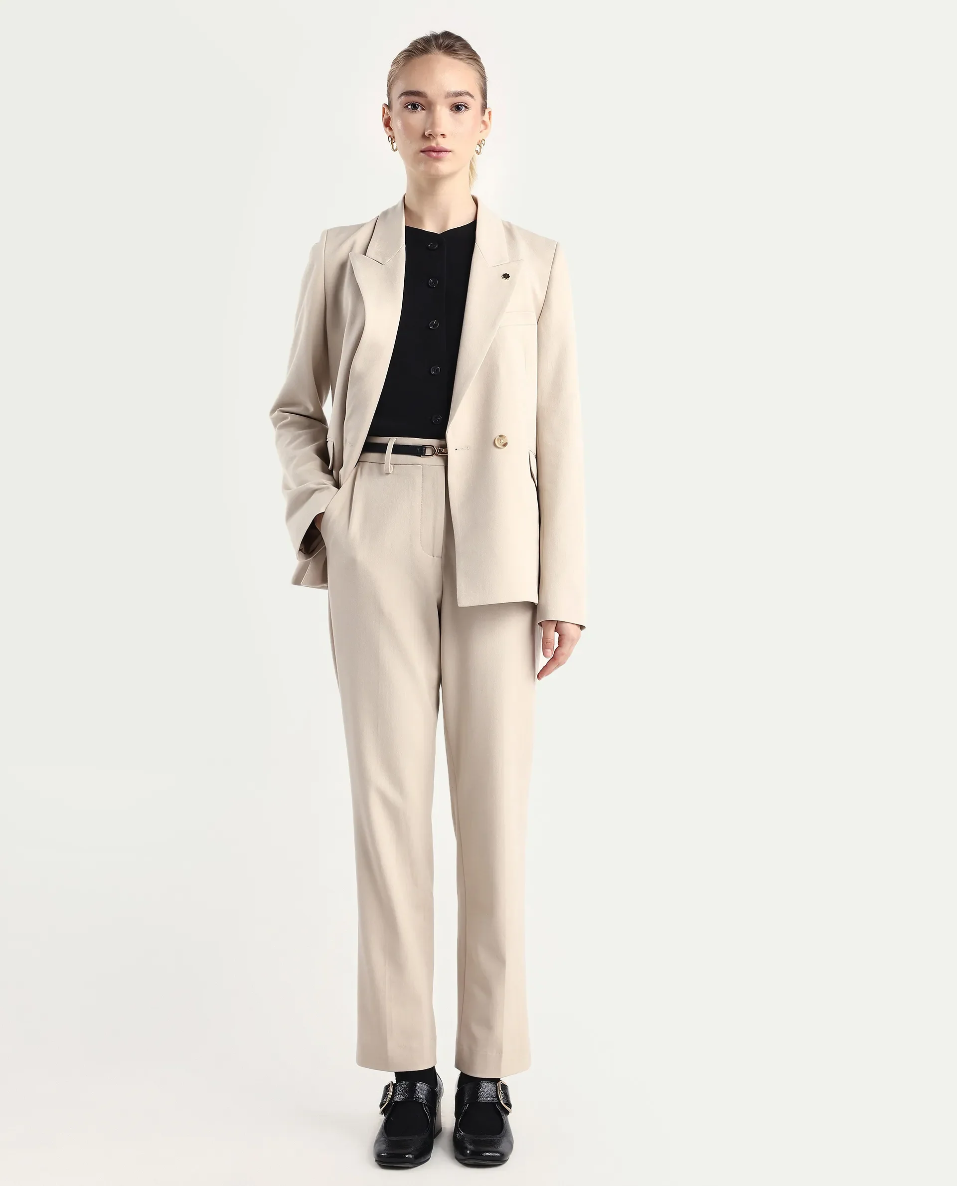 Rareism Women Taper Beige Polyester Blend Button Closure Tapered Fit Plain Travel Trouser - Image 2