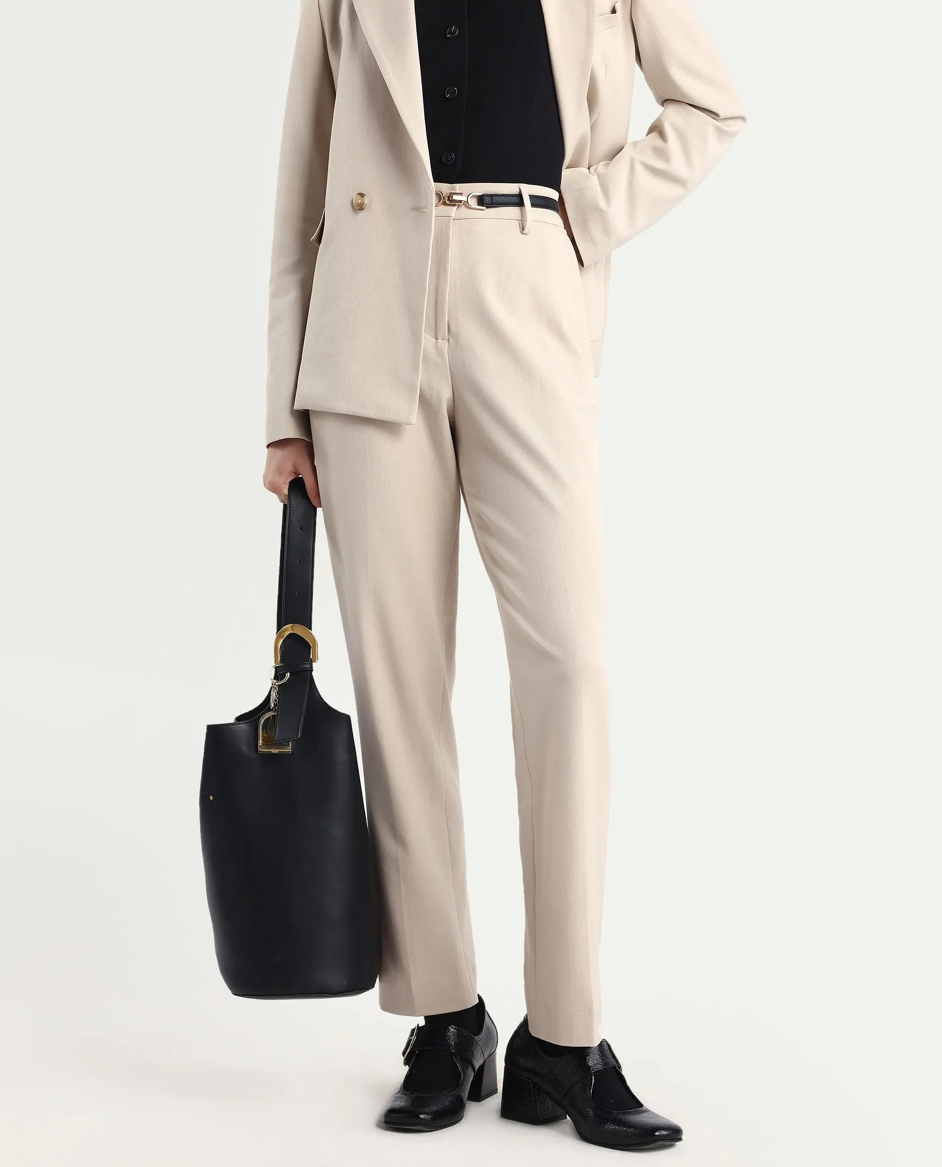 Rareism Women Taper Beige Polyester Blend Button Closure Tapered Fit Plain Travel Trouser - Image 3