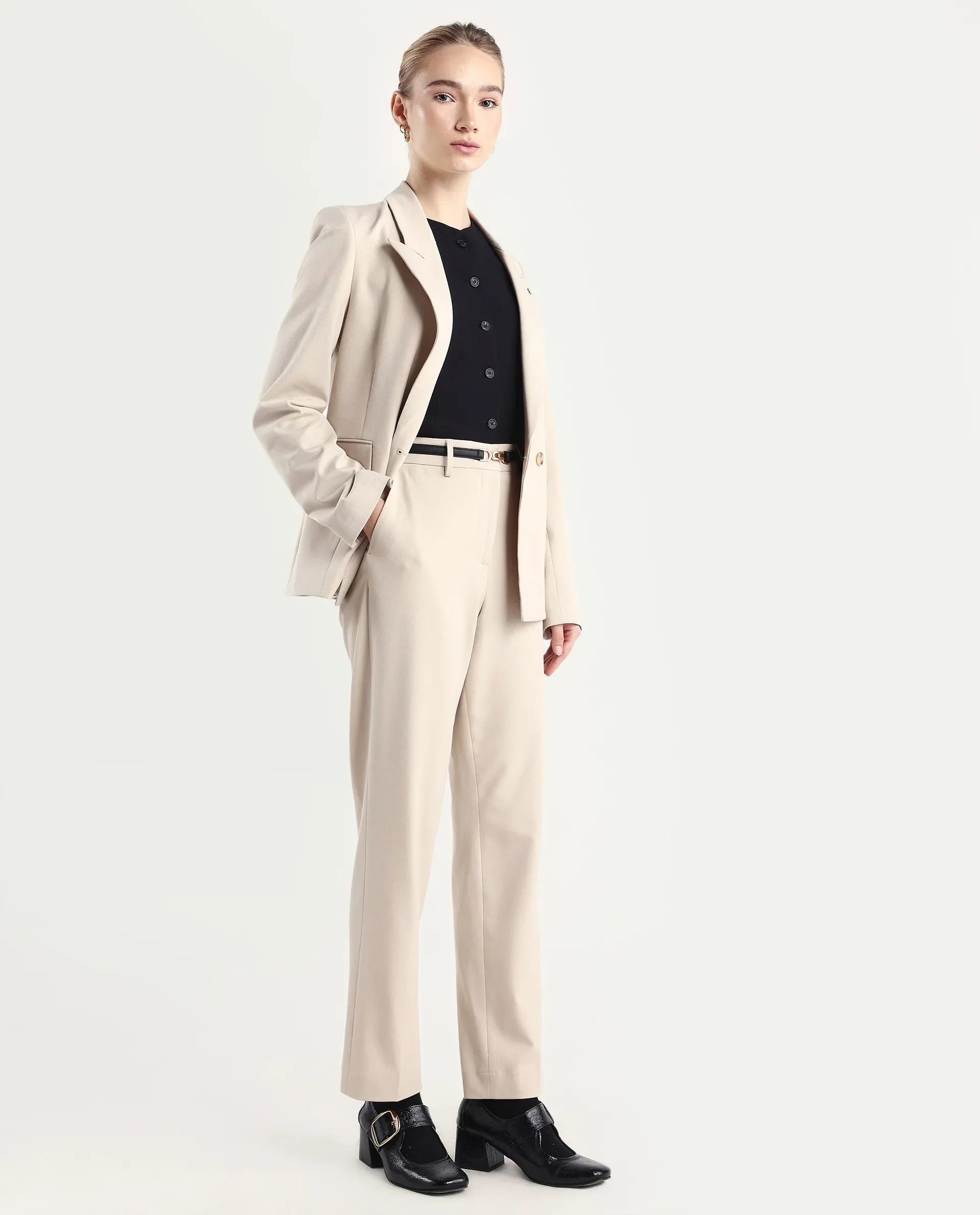 Rareism Women Taper Beige Polyester Blend Button Closure Tapered Fit Plain Travel Trouser - Image 6