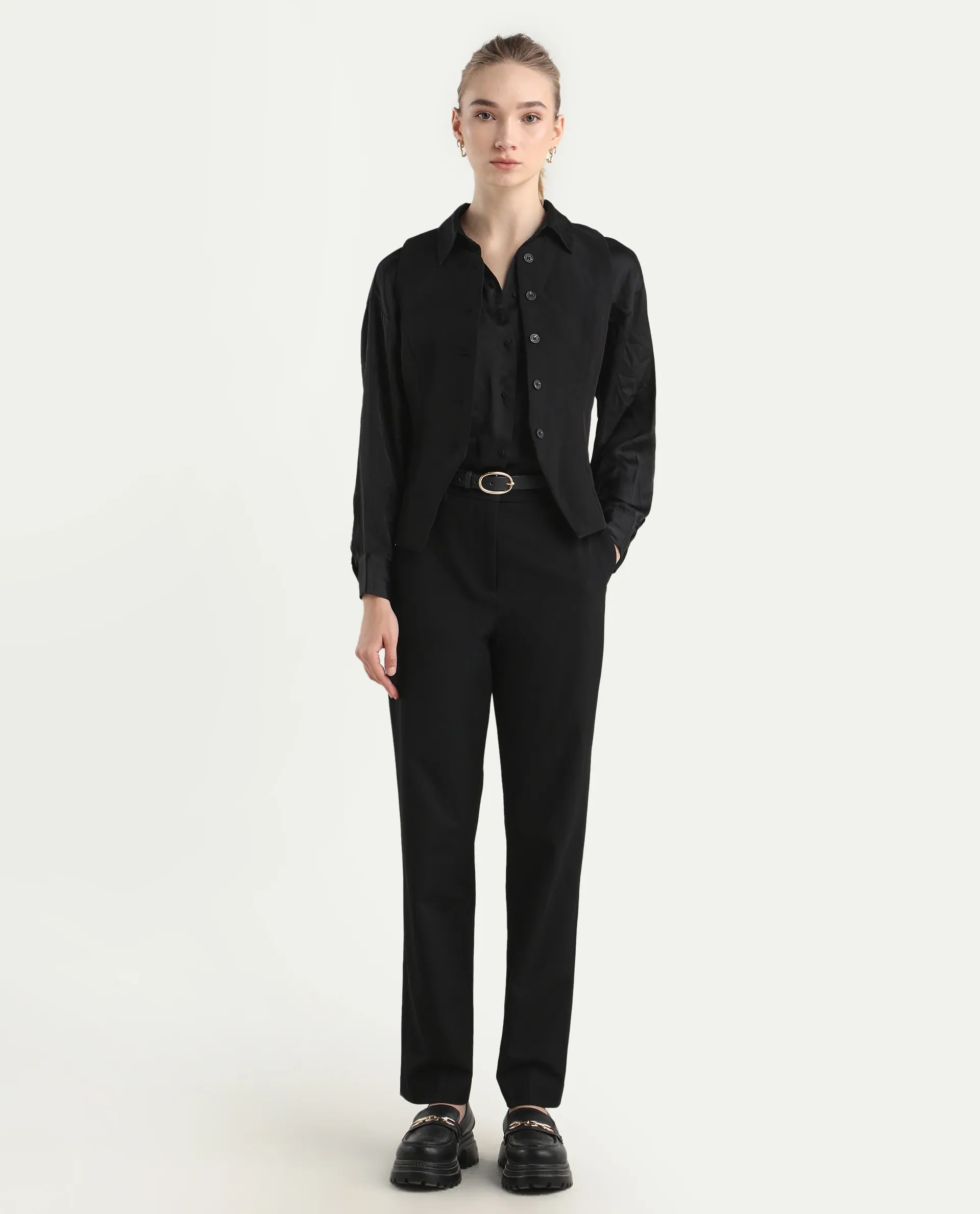 Rareism Women's Taper Black Polyester Blend Tapered Ankle Length Plain Travel Trouser - Image 3