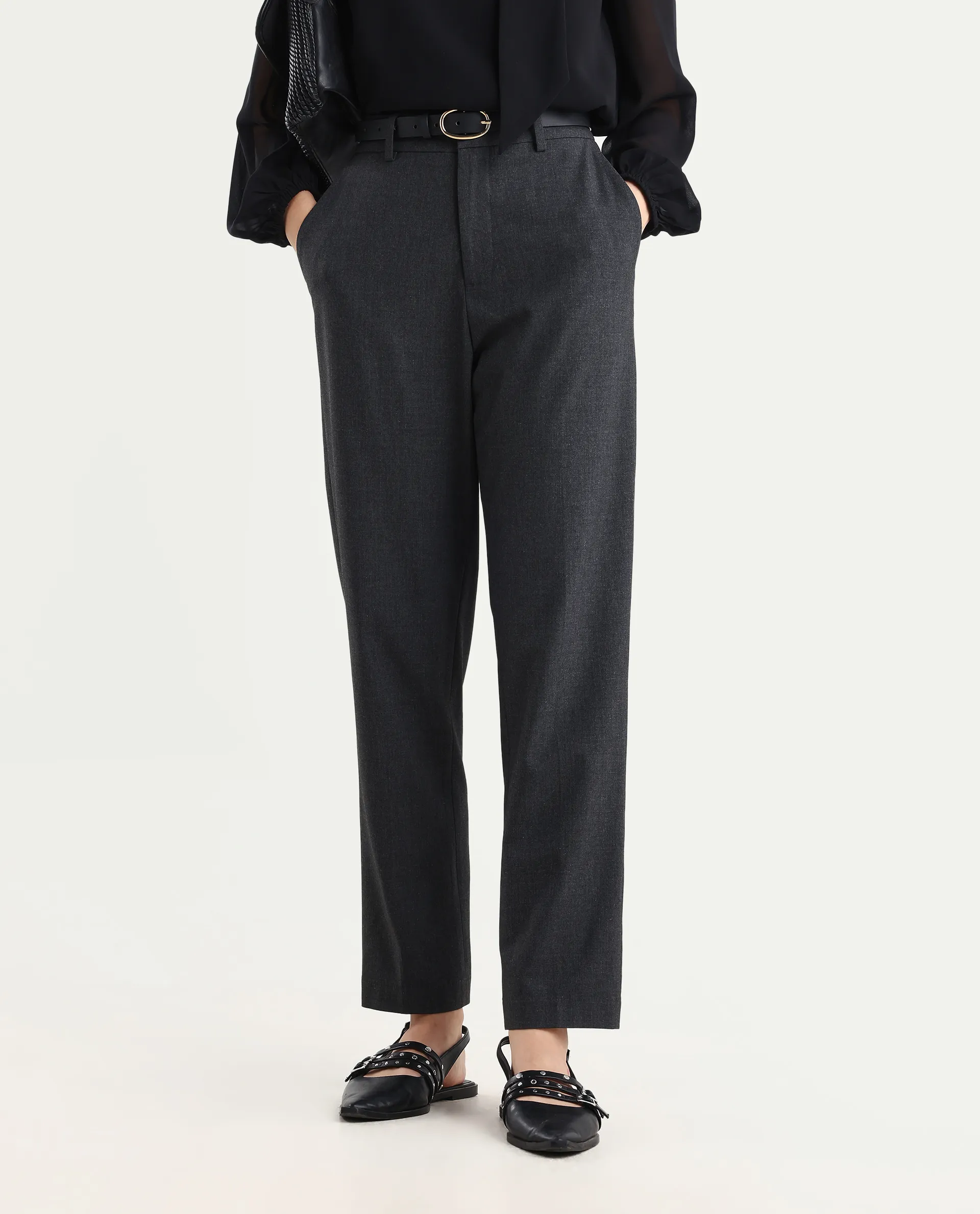Rareism Women's Taper Grey Polyester Blend Tapered Plain Travel Trouser - Image 2