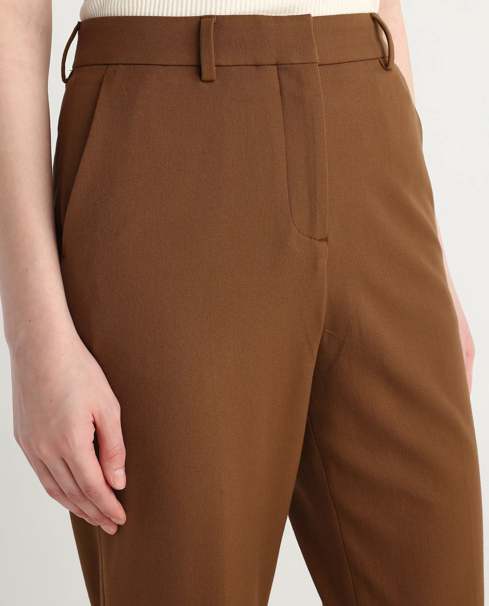 Rareism Women's Taper Light Brown Polyester Blend Tapered Ankle Length Plain Travel Trouser - Image 4