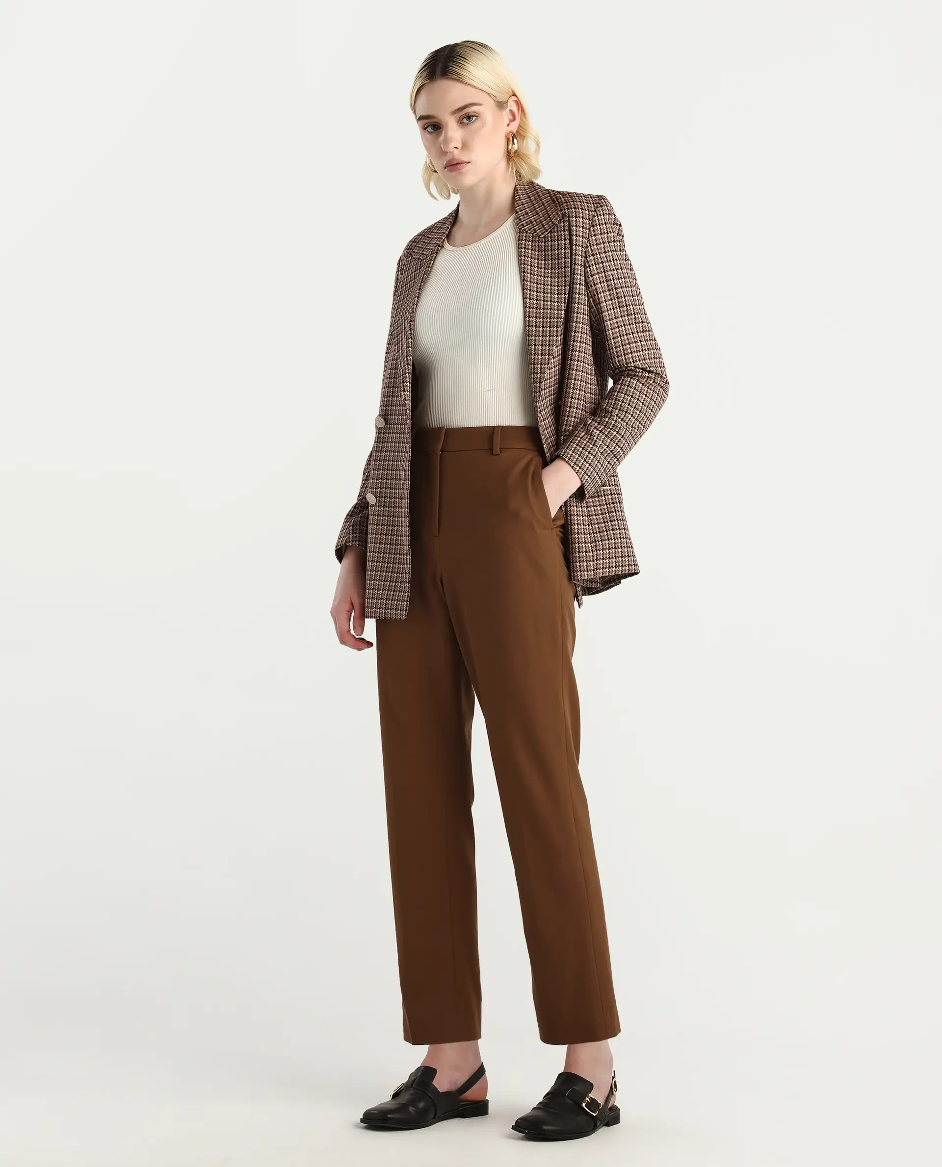 Rareism Women's Taper Light Brown Polyester Blend Tapered Ankle Length Plain Travel Trouser - Image 6