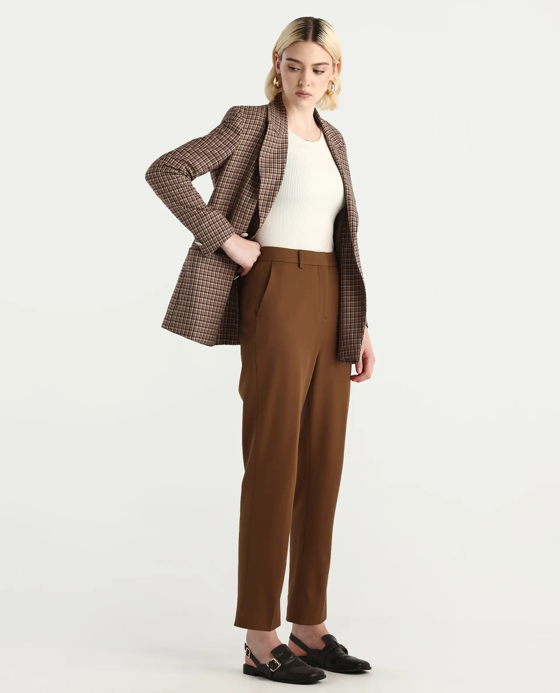 Rareism Women's Taper Light Brown Polyester Blend Tapered Ankle Length Plain Travel Trouser - Image 7
