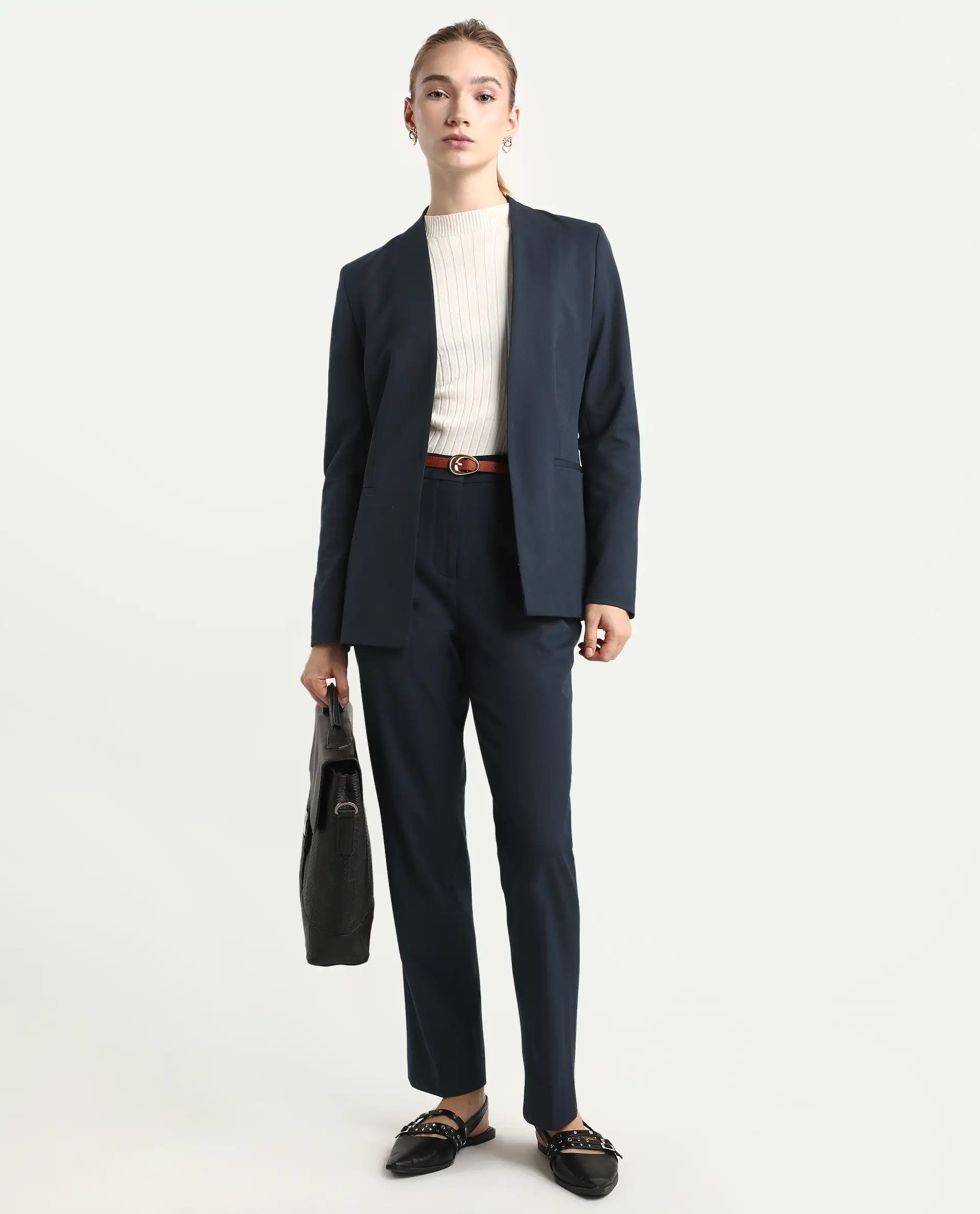 Rareism Women's Taper Navy Polyester Blend Tapered Ankle Length Plain Travel Trouser