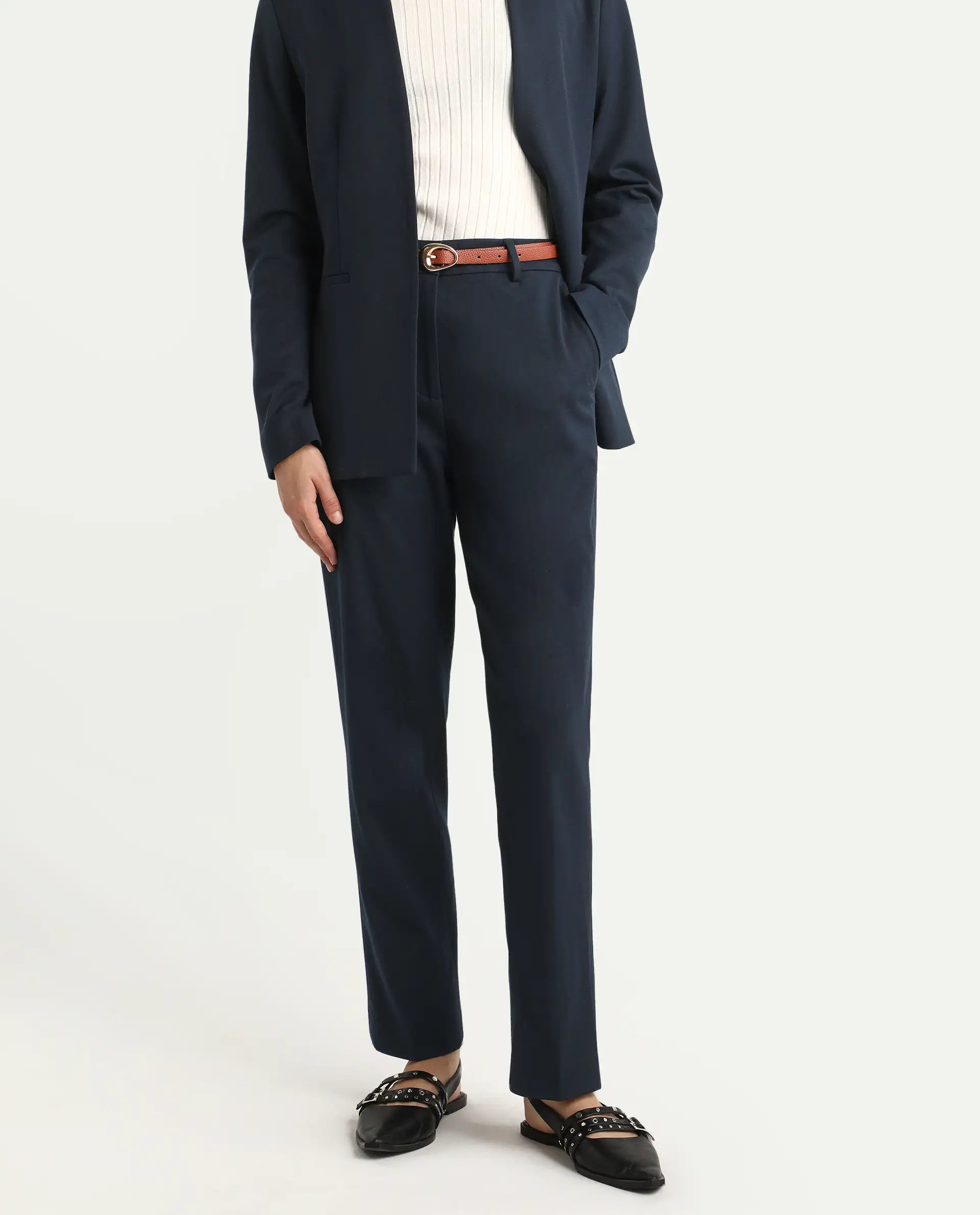 Rareism Women's Taper Navy Polyester Blend Tapered Ankle Length Plain Travel Trouser - Image 2
