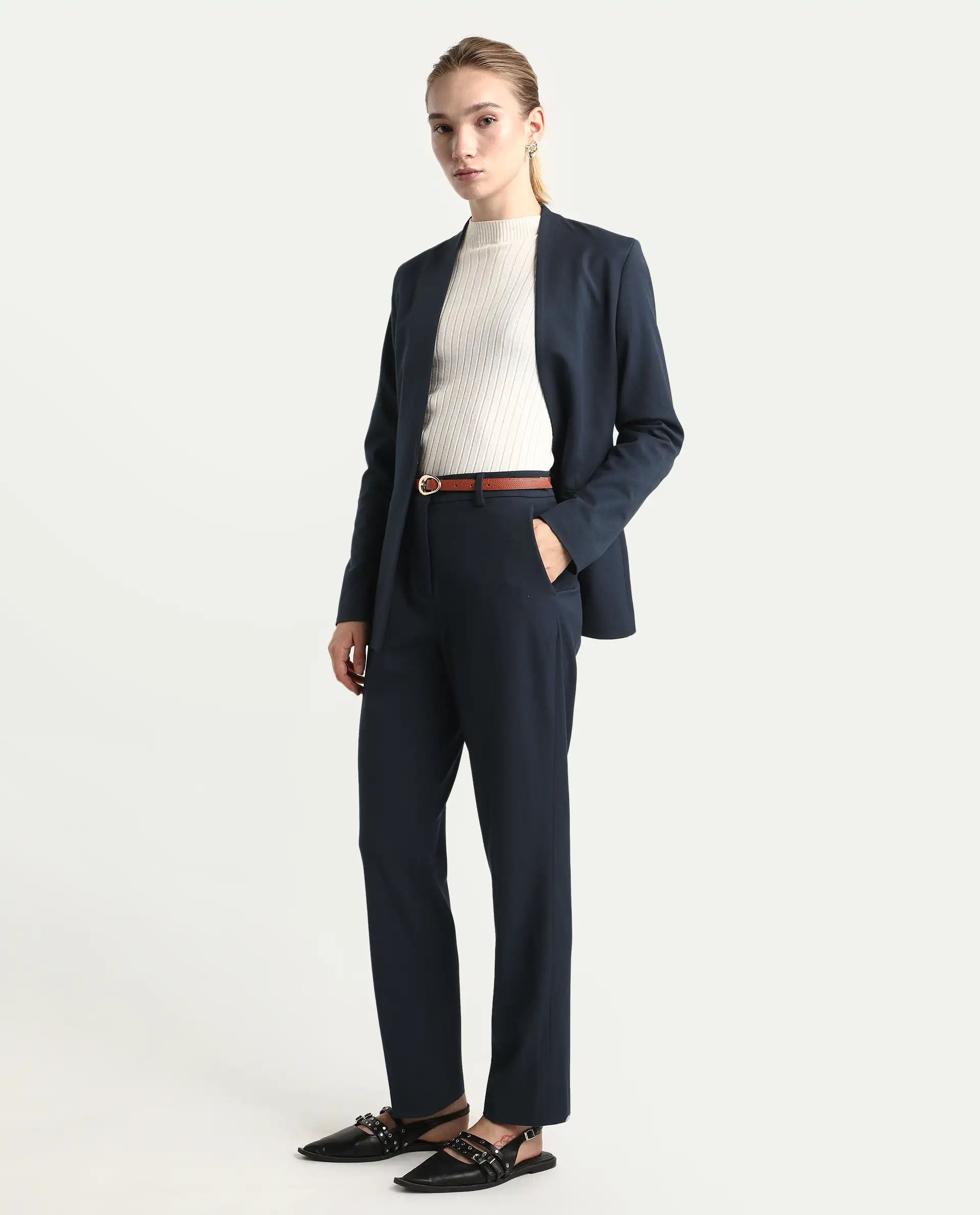 Rareism Women's Taper Navy Polyester Blend Tapered Ankle Length Plain Travel Trouser - Image 4