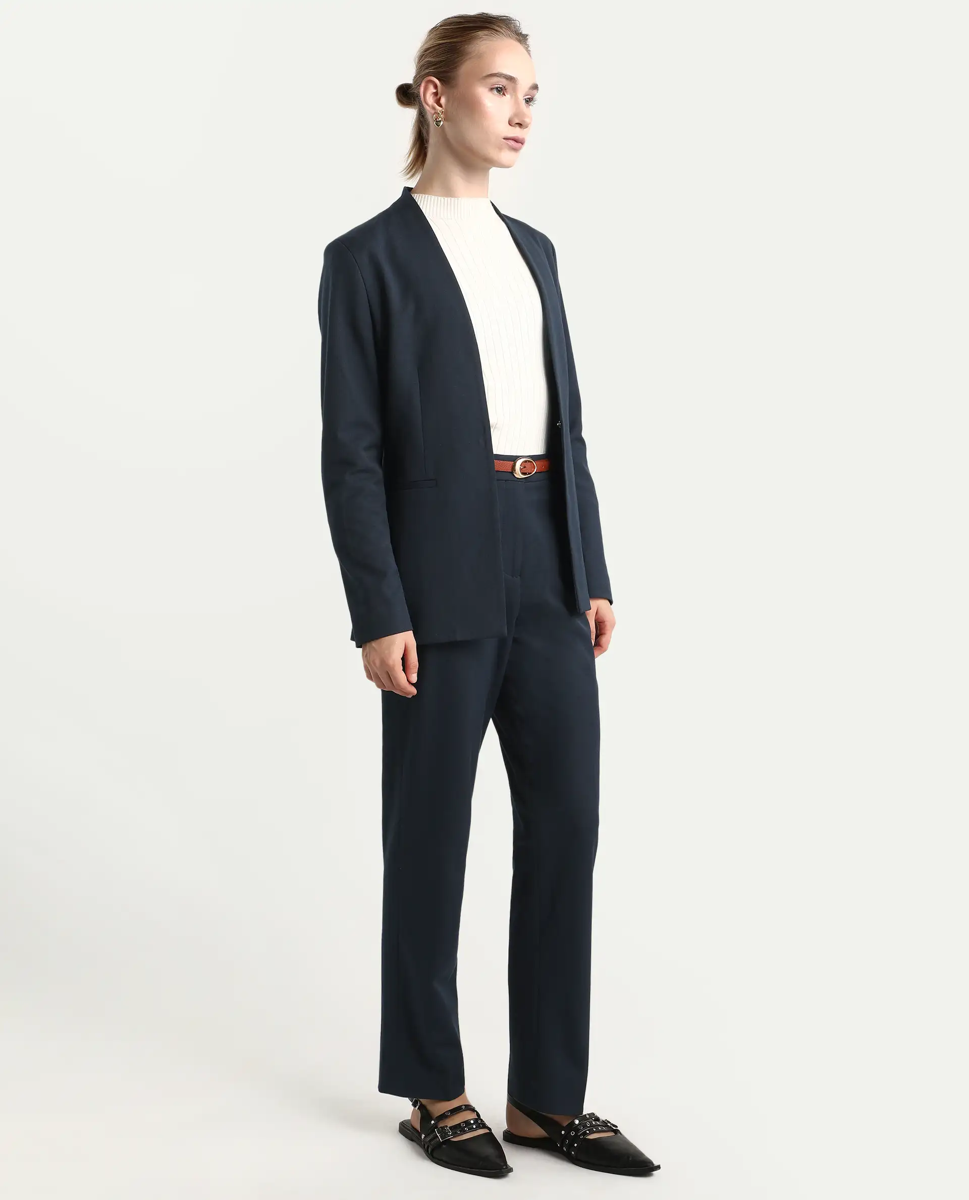 Rareism Women's Taper Navy Polyester Blend Tapered Ankle Length Plain Travel Trouser - Image 5