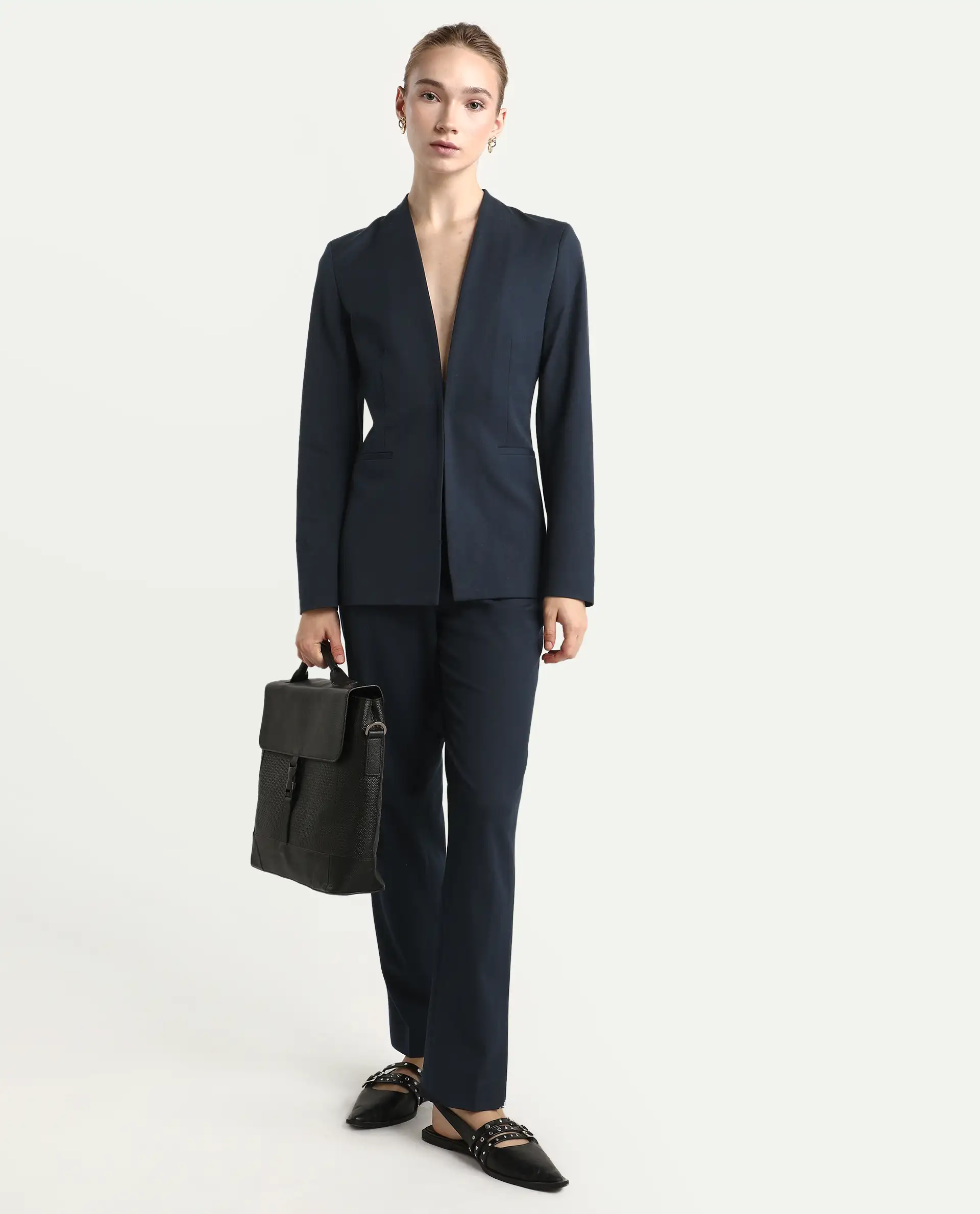 Rareism Women's Taper Navy Polyester Blend Tapered Ankle Length Plain Travel Trouser - Image 7