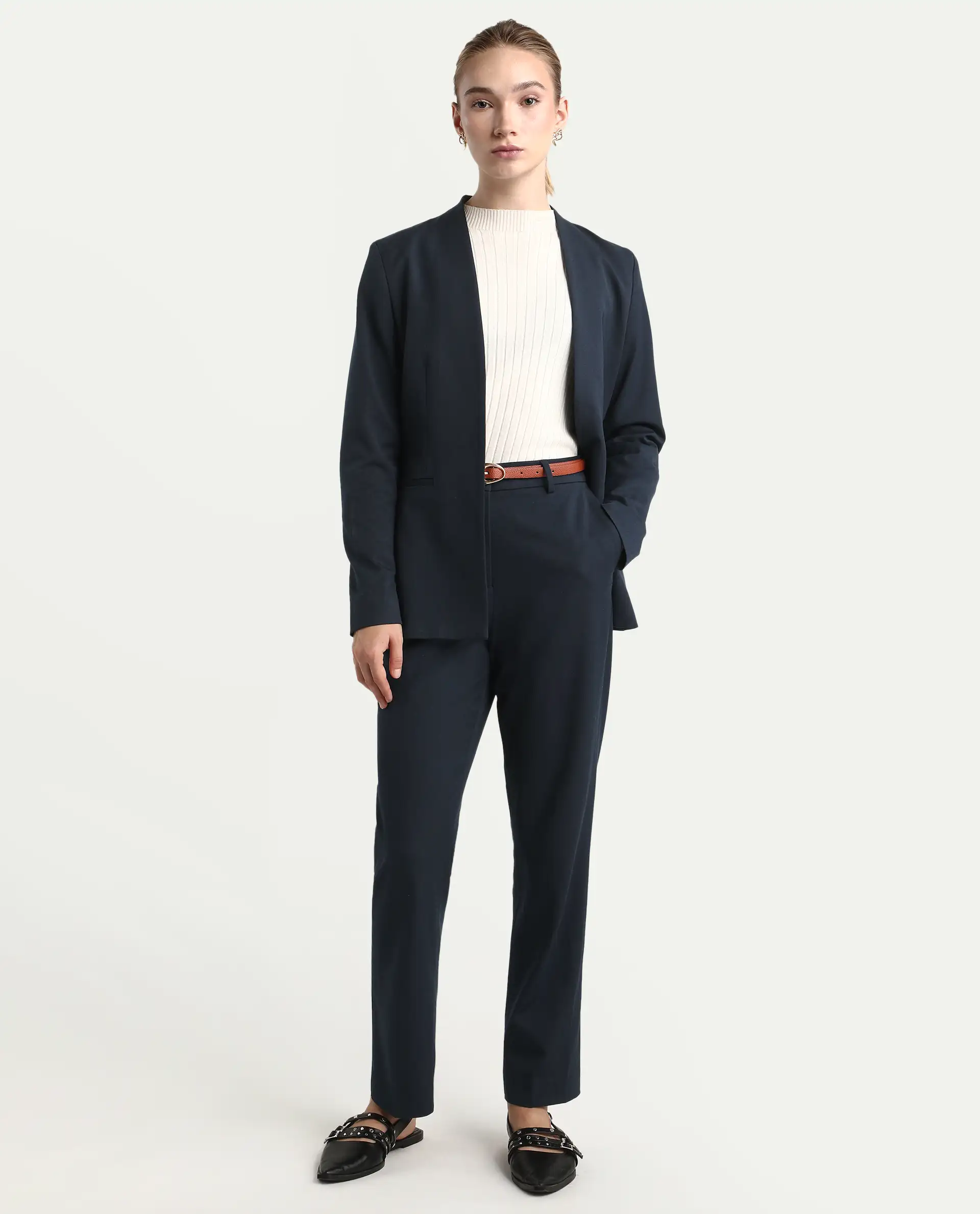 Rareism Women's Taper Navy Polyester Blend Tapered Ankle Length Plain Travel Trouser - Image 9